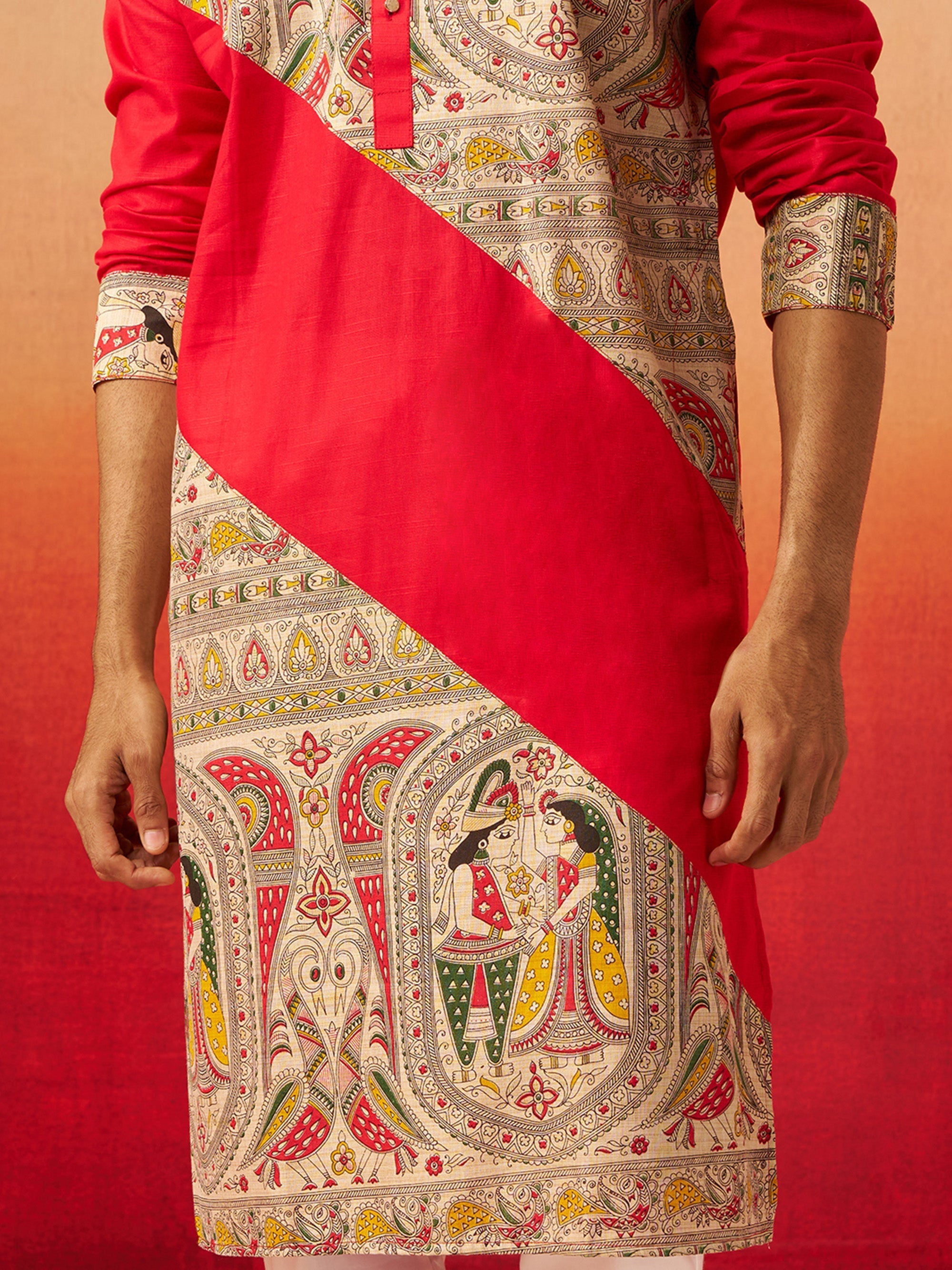 Vastramay Men Maroon Cotton Digital Print Kurta