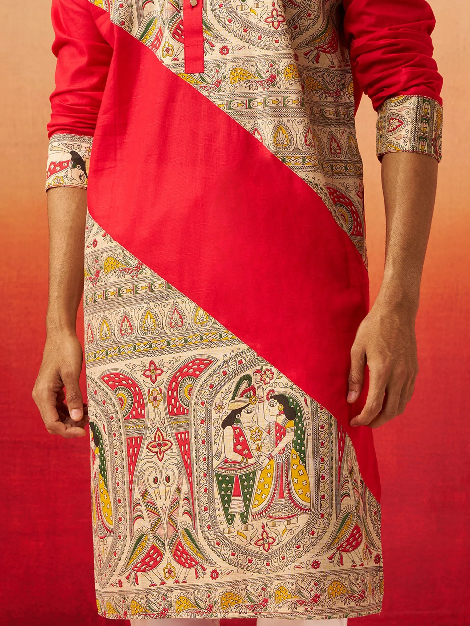 Vastramay Men Maroon Cotton Digital Print Kurta