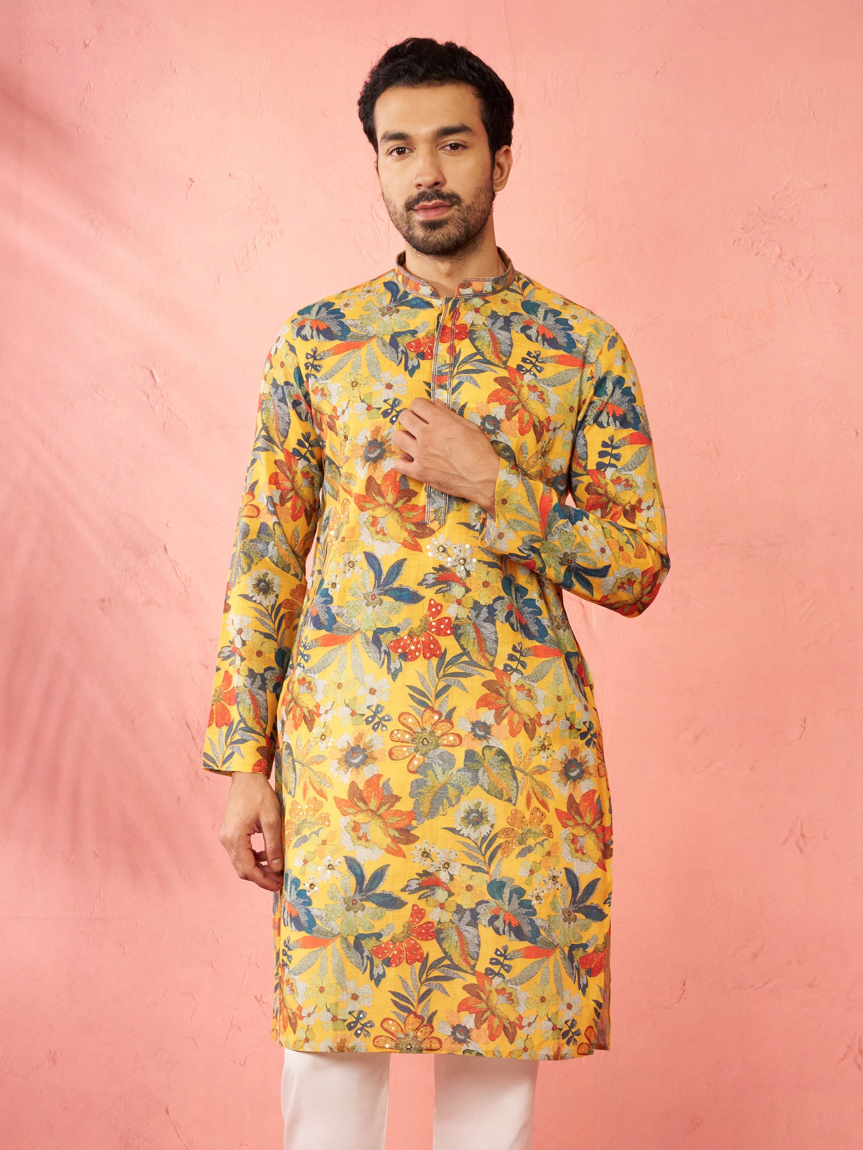 Men's Mustard Cotton Linen Long Kurta