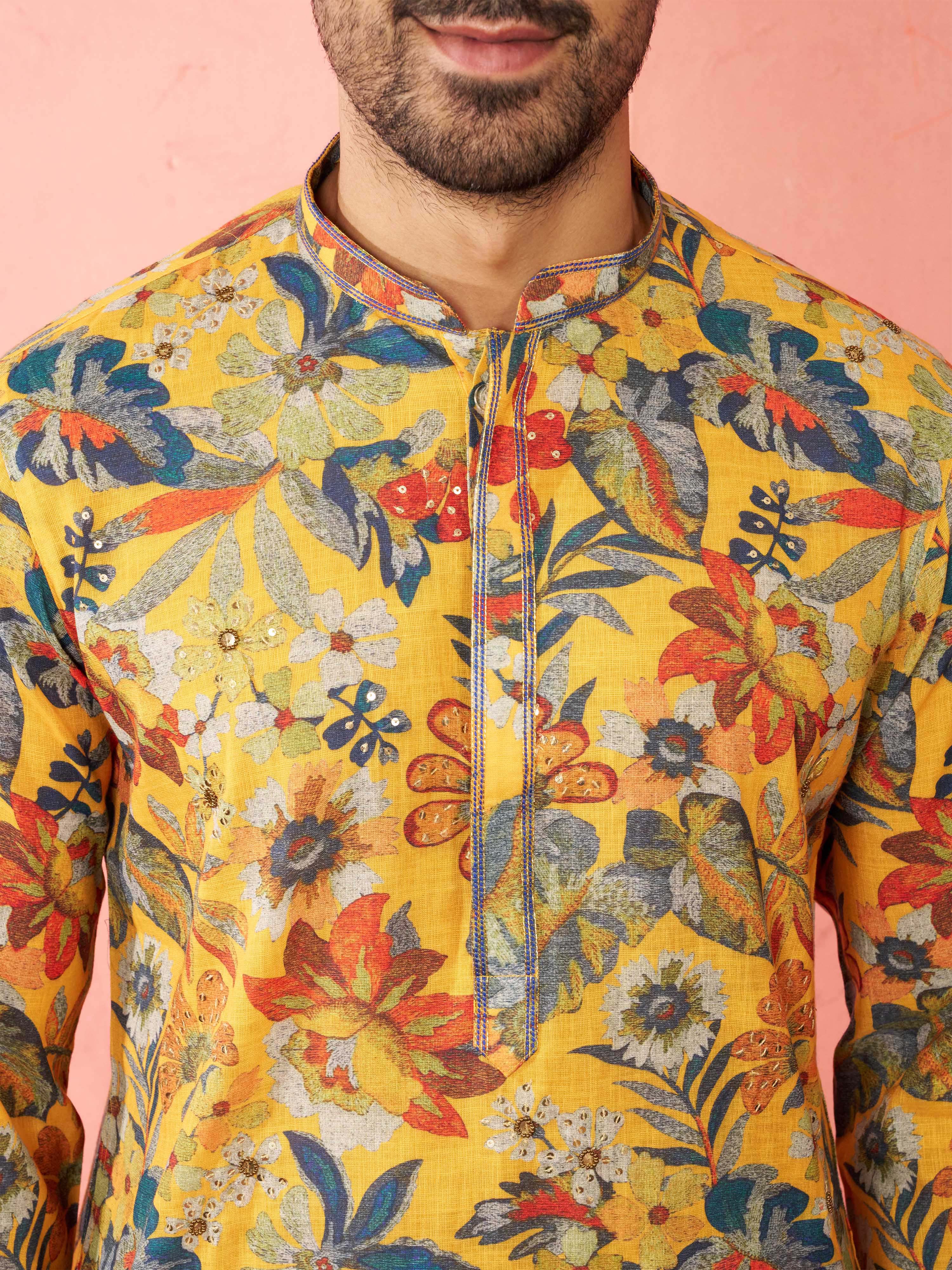 Men's Mustard Cotton Linen Long Kurta