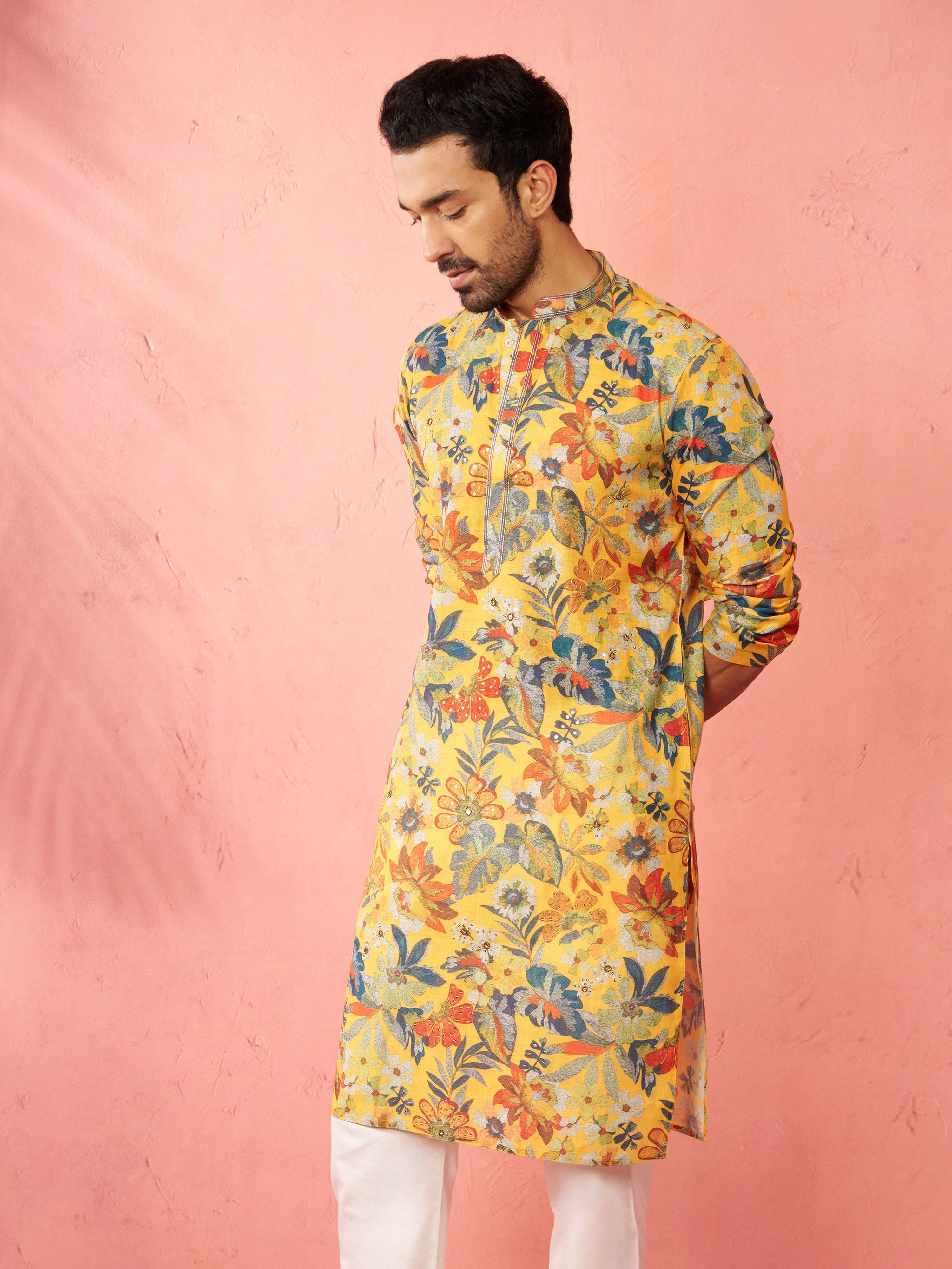 Men's Mustard Cotton Linen Long Kurta