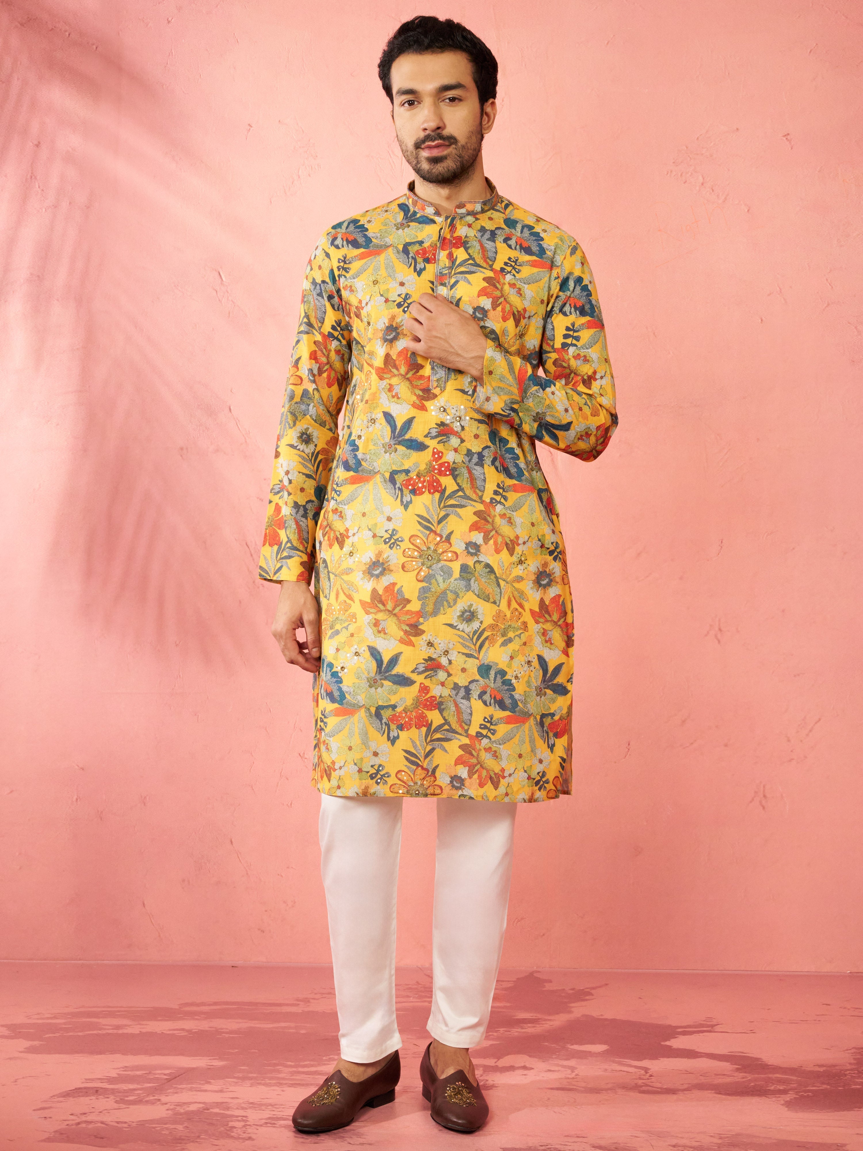 Men's Mustard Cotton Linen Long Kurta