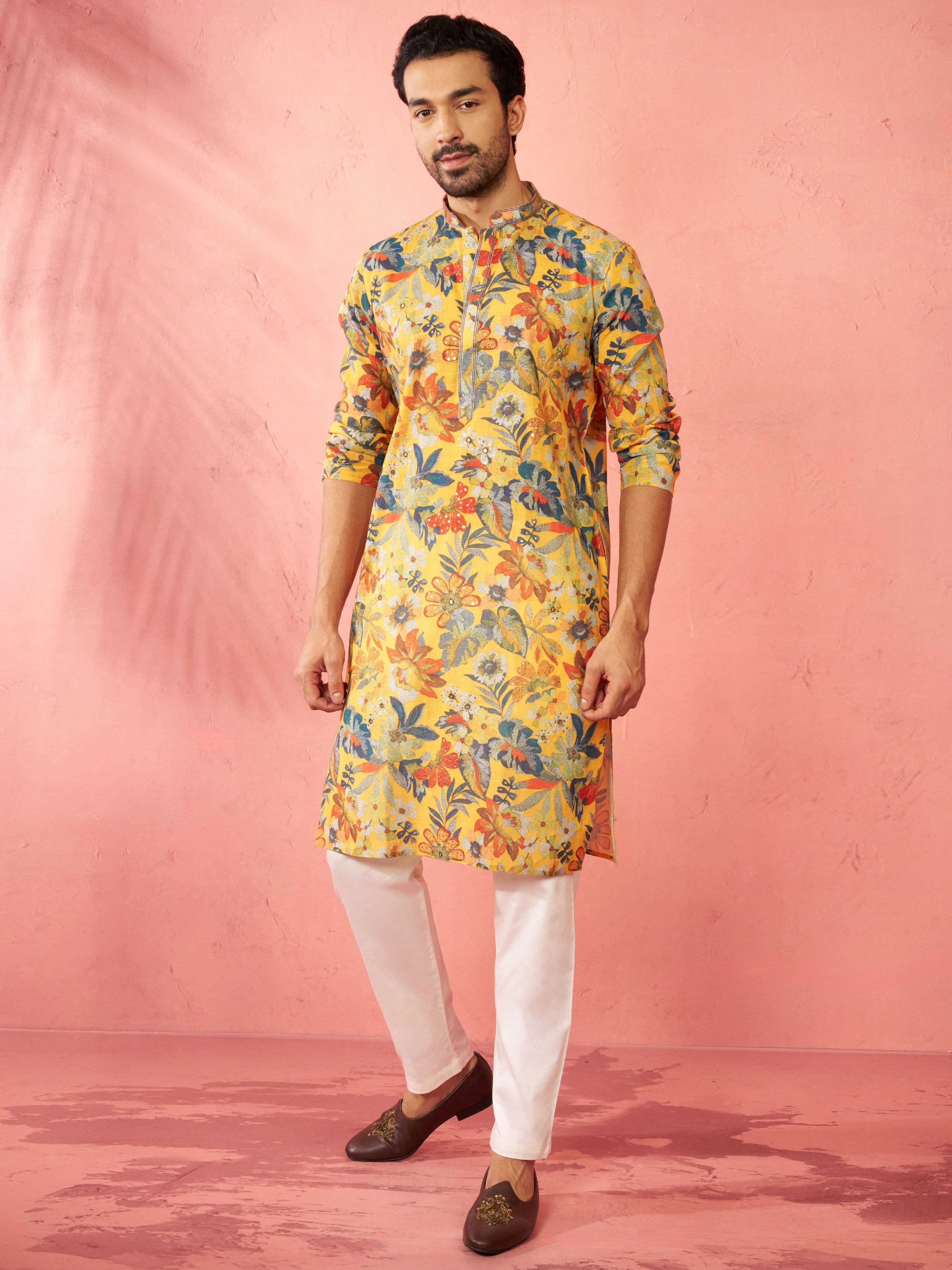 Men's Mustard Cotton Linen Kurta Set with Cream Pyjama