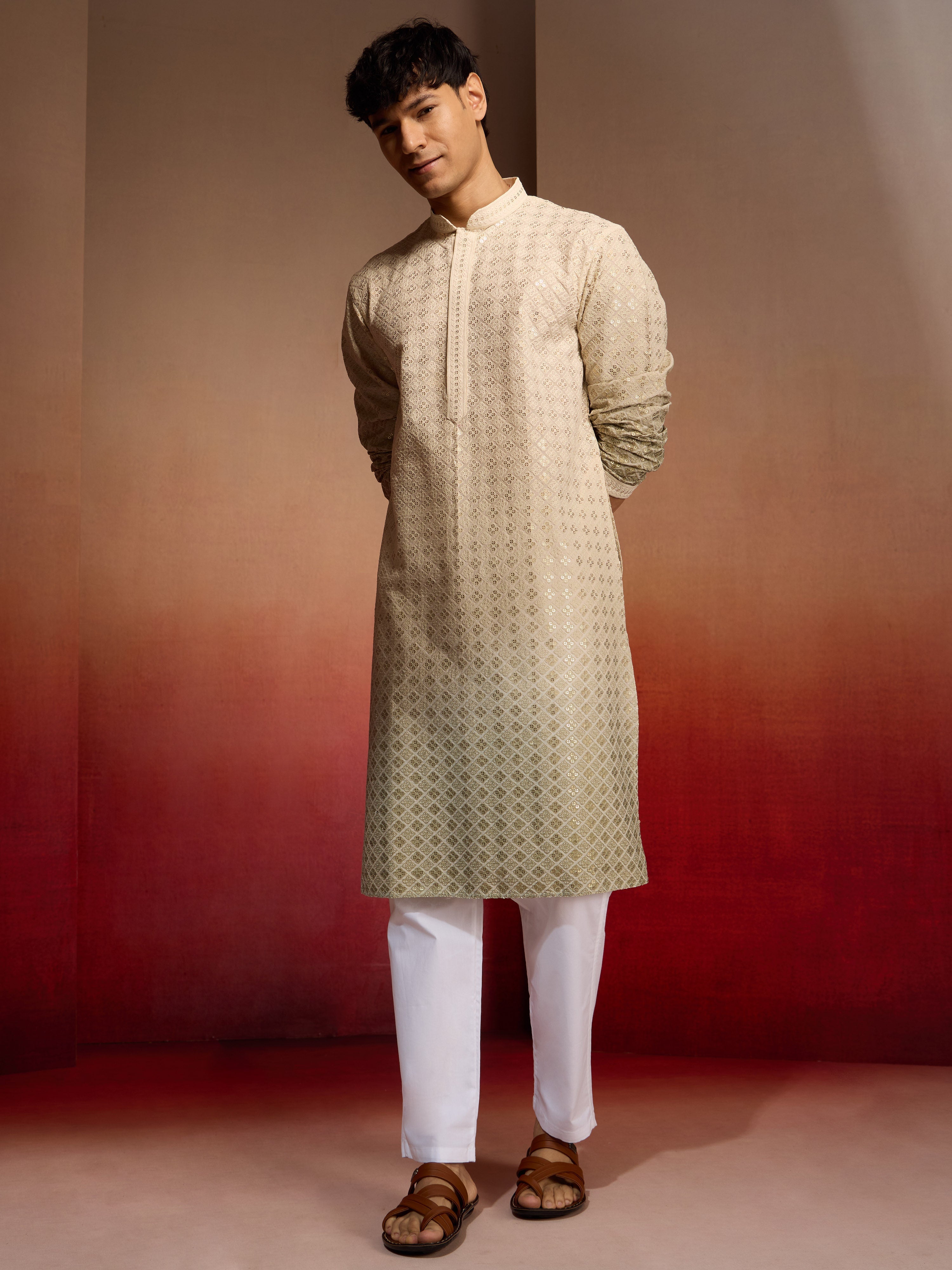 Men's Green Cotton Sequin Ombre Kurta with White Trousers