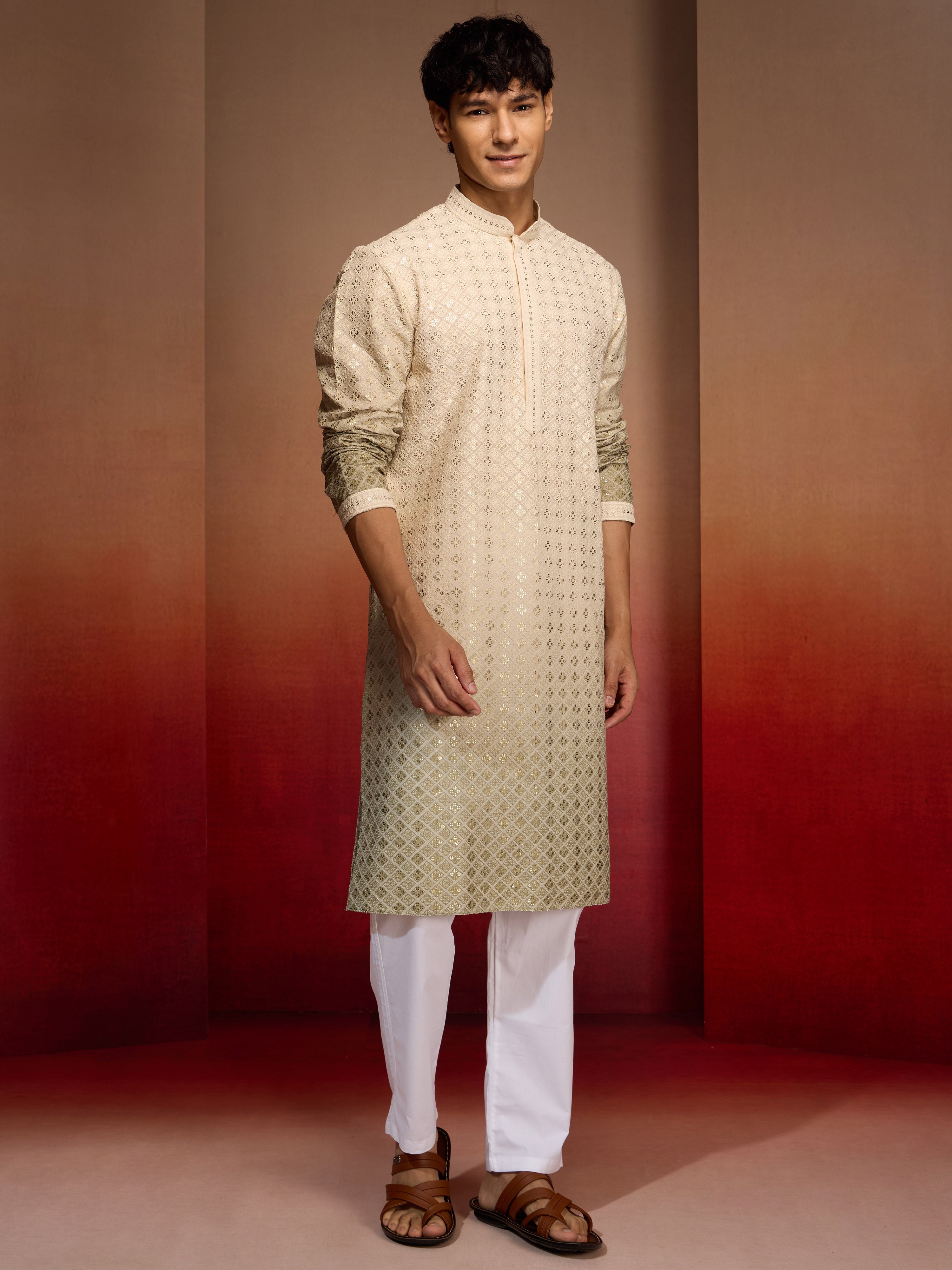 Men's Green Cotton Sequin Ombre Kurta with White Trousers