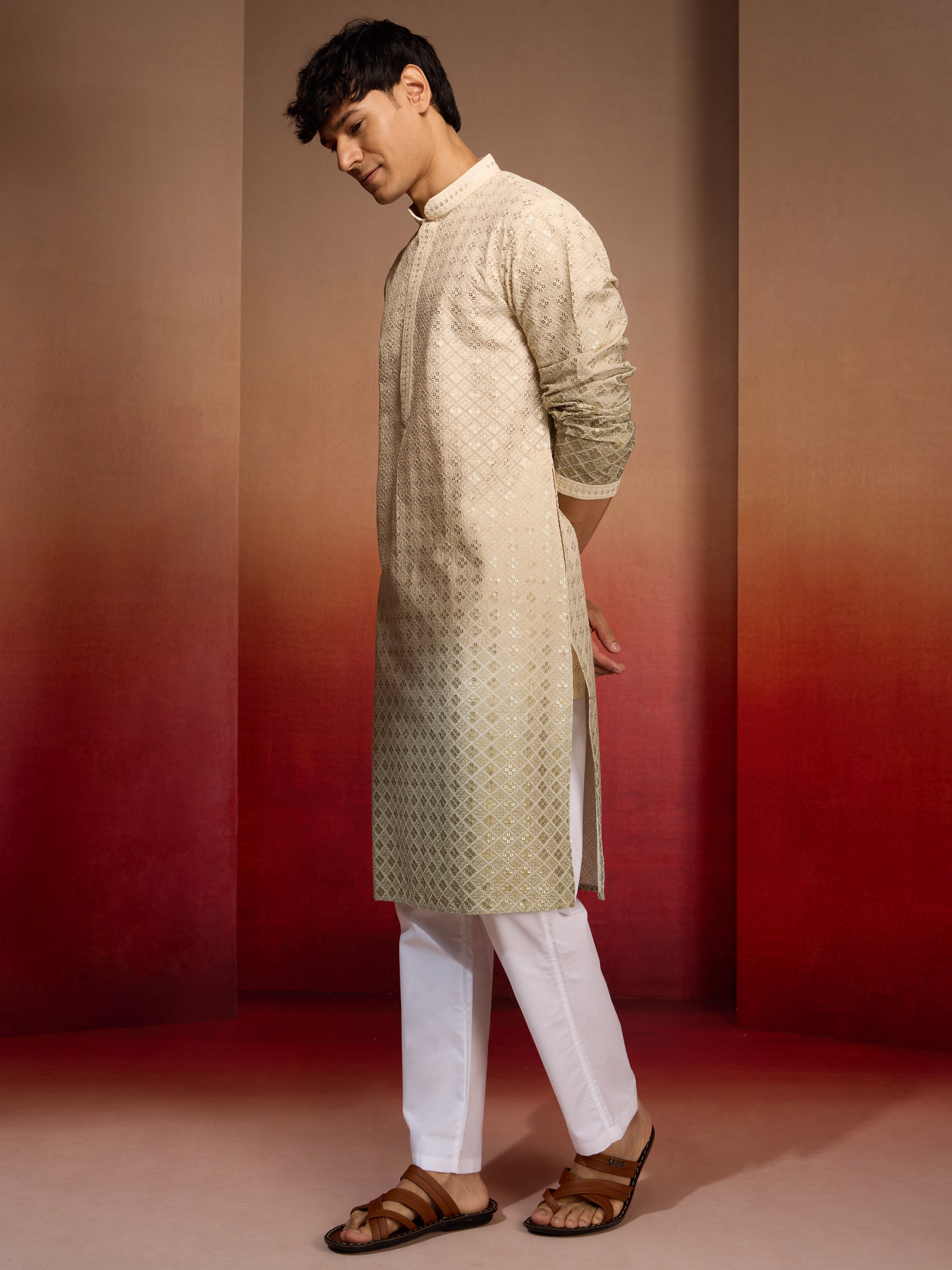 Men's Green Cotton Sequin Ombre Kurta with White Trousers