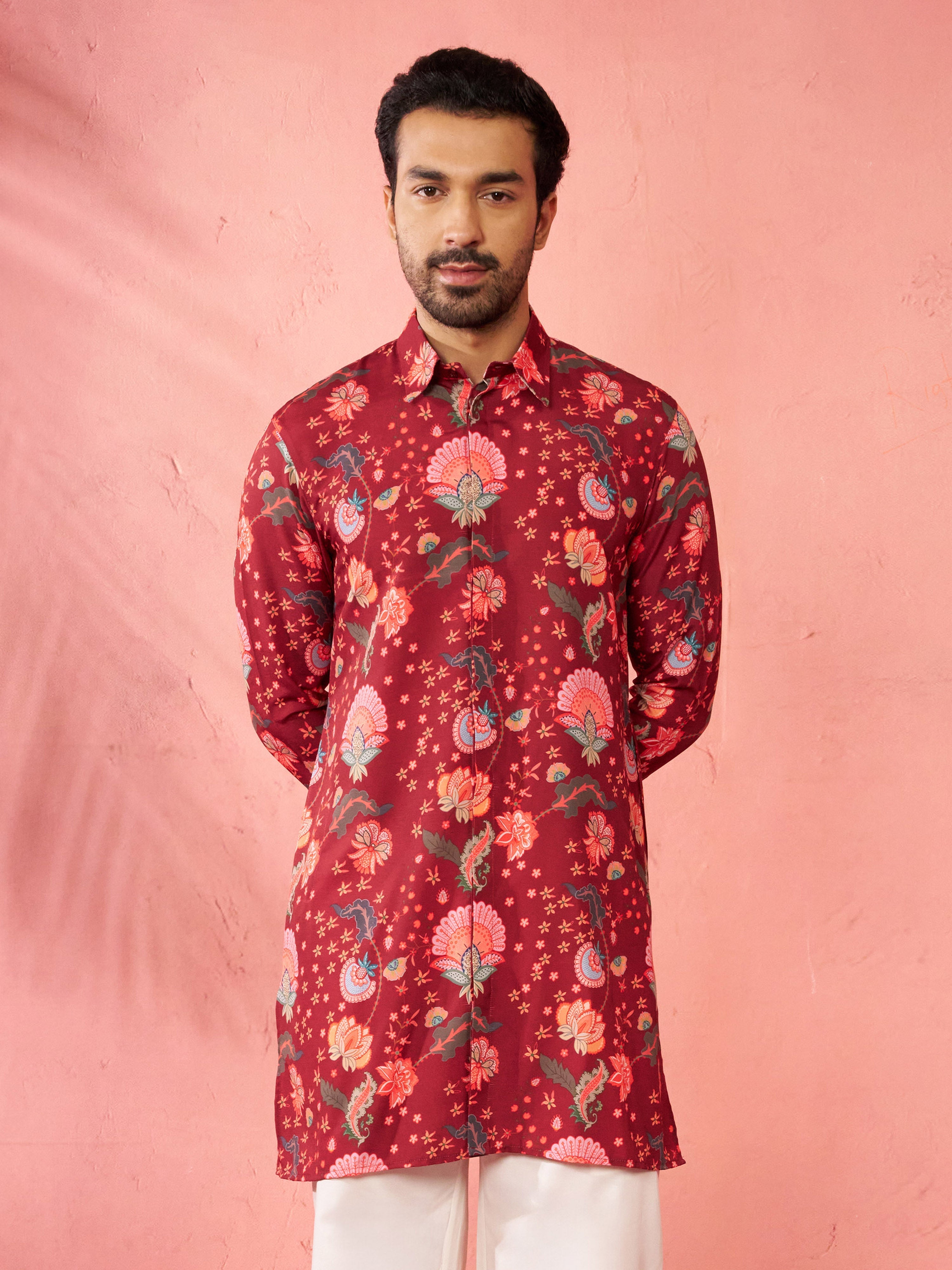 Men's Maroon Rayon Kurta