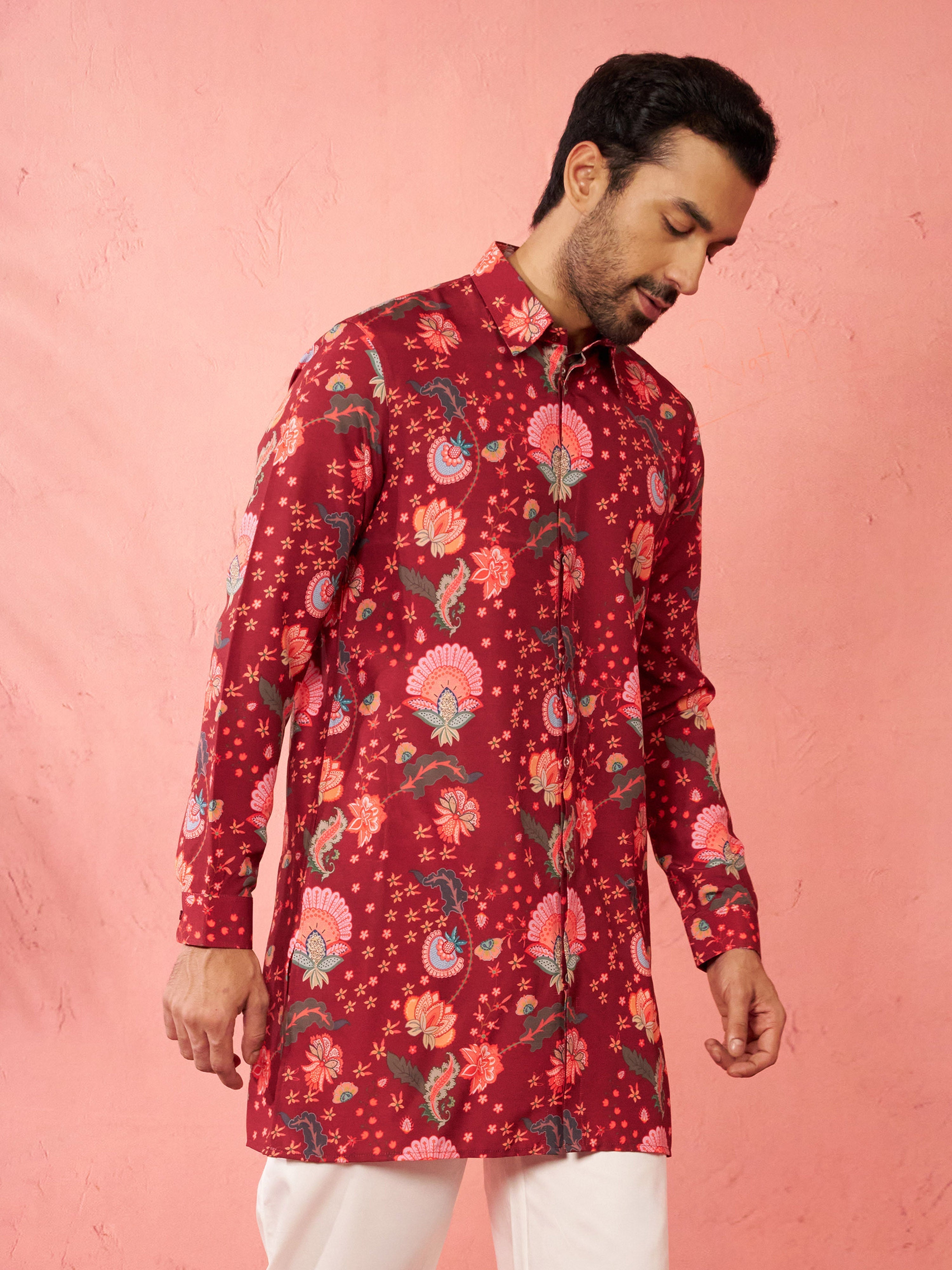 Men's Maroon Rayon Kurta