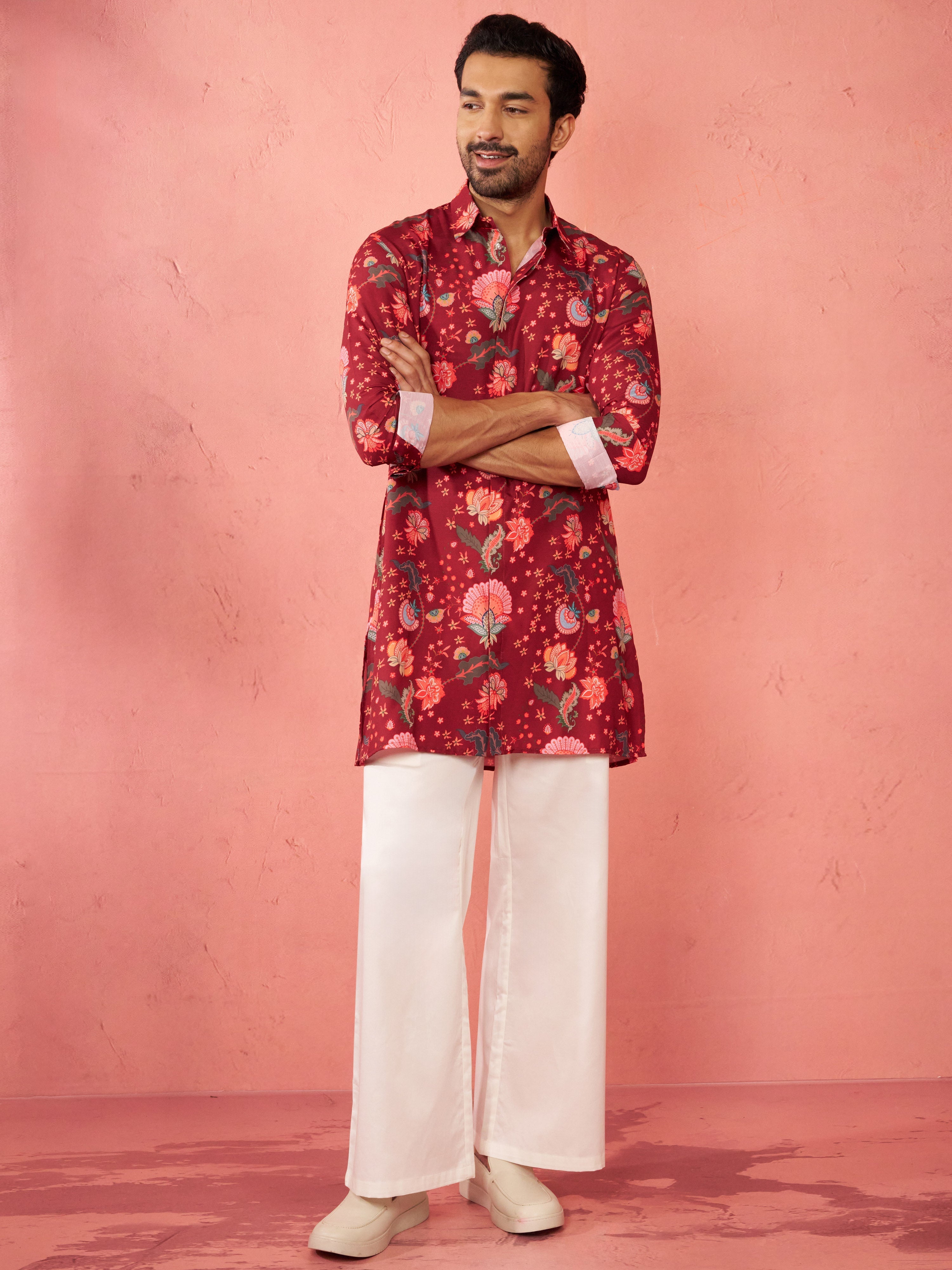 Men's Maroon Rayon Kurta with Cream Flare Pant
