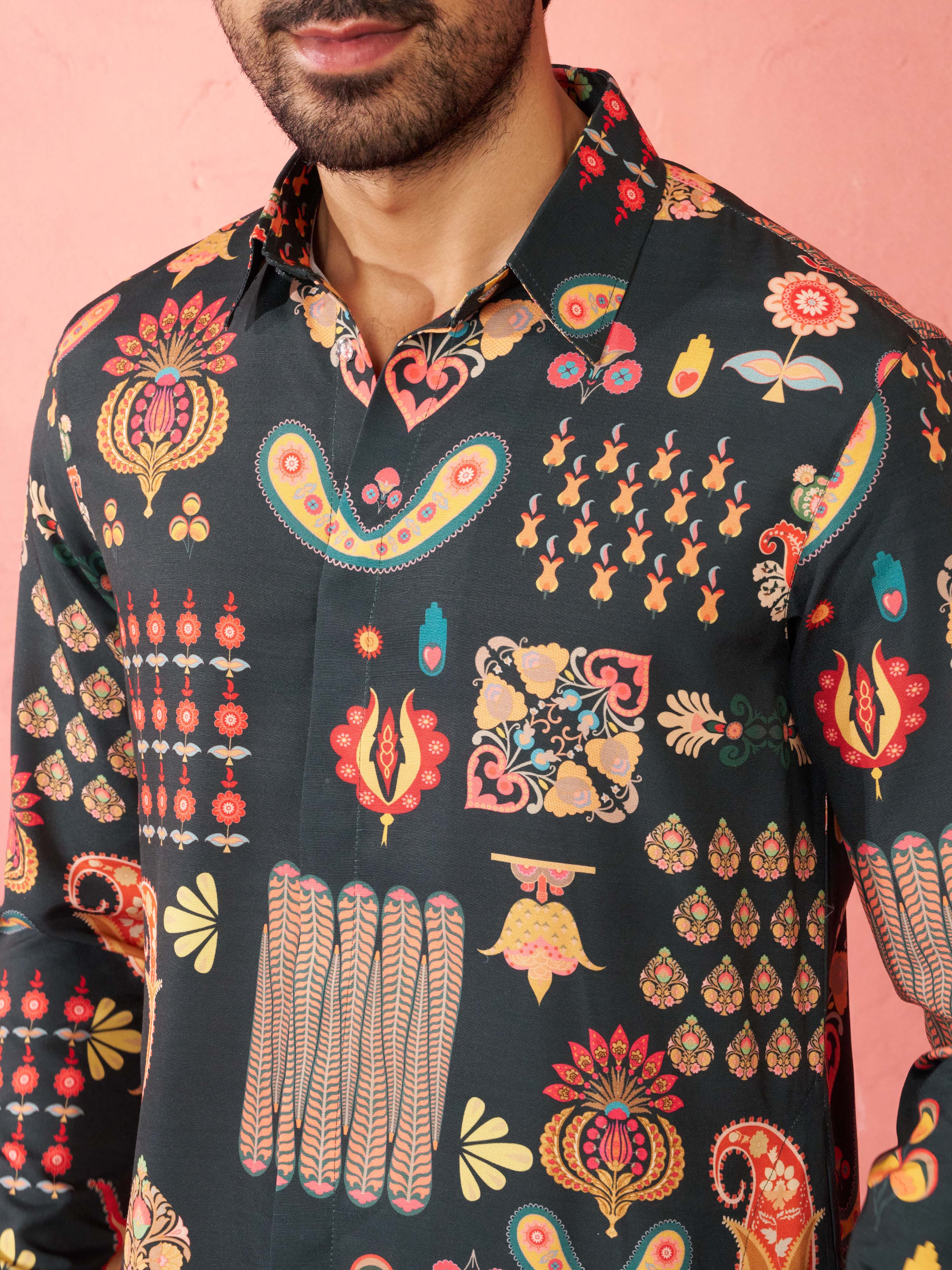 Men's Bottle Green Digital Print Kurta with Cream Palazzo Set