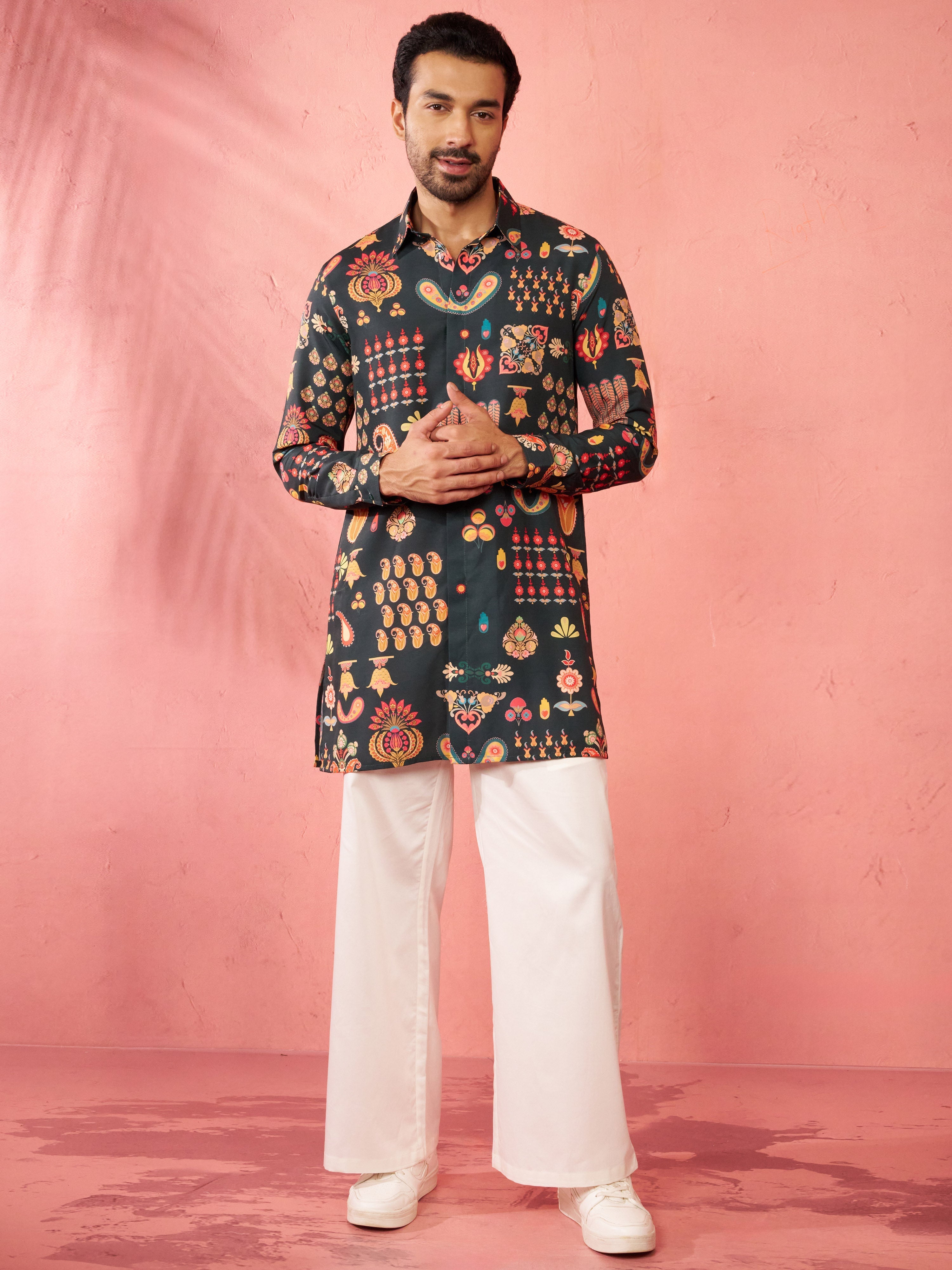 Men's Bottle Green Digital Print Kurta with Cream Palazzo Set