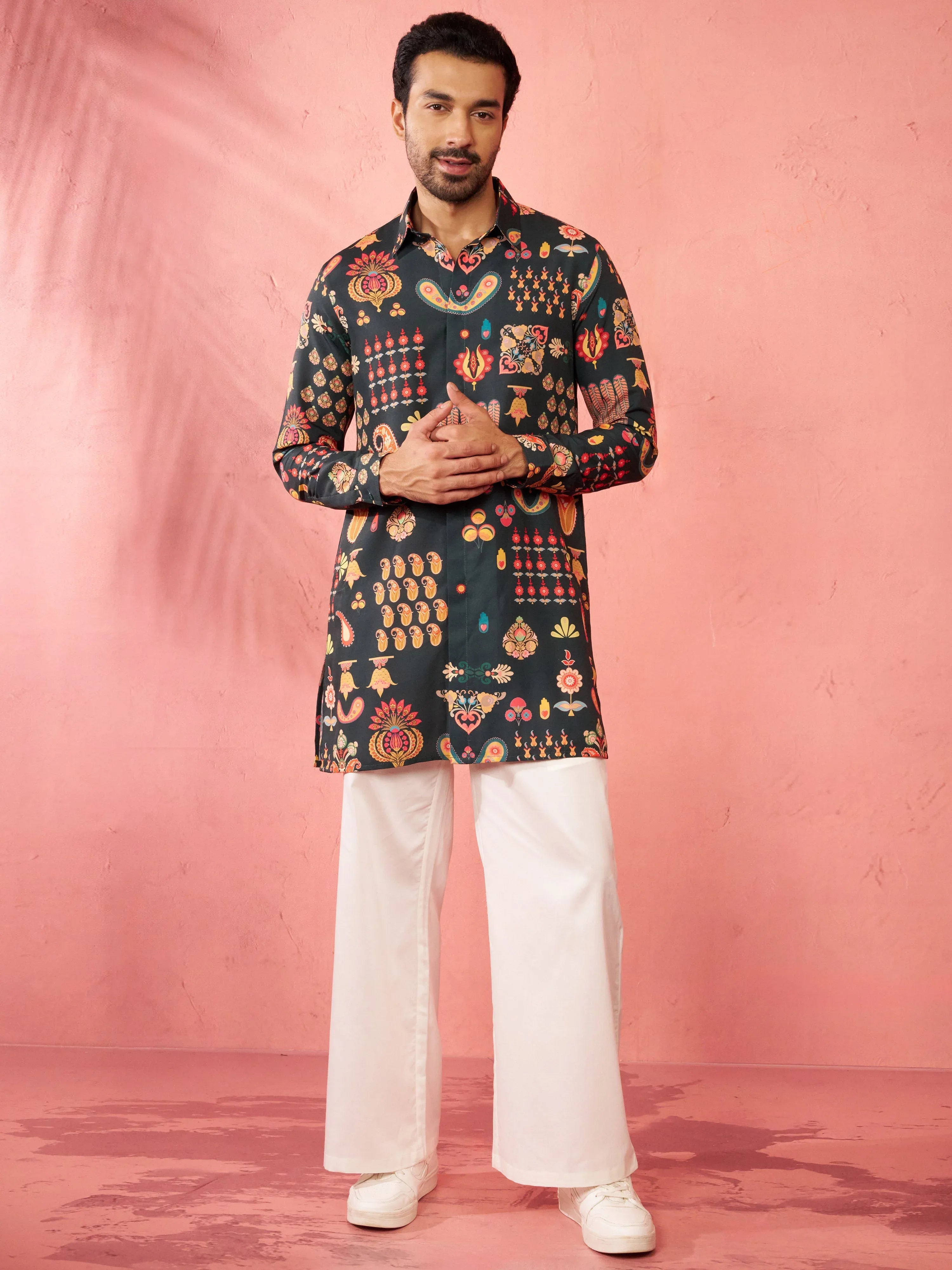 Men's Bottle Green Digital Print Kurta with Cream Palazzo Set