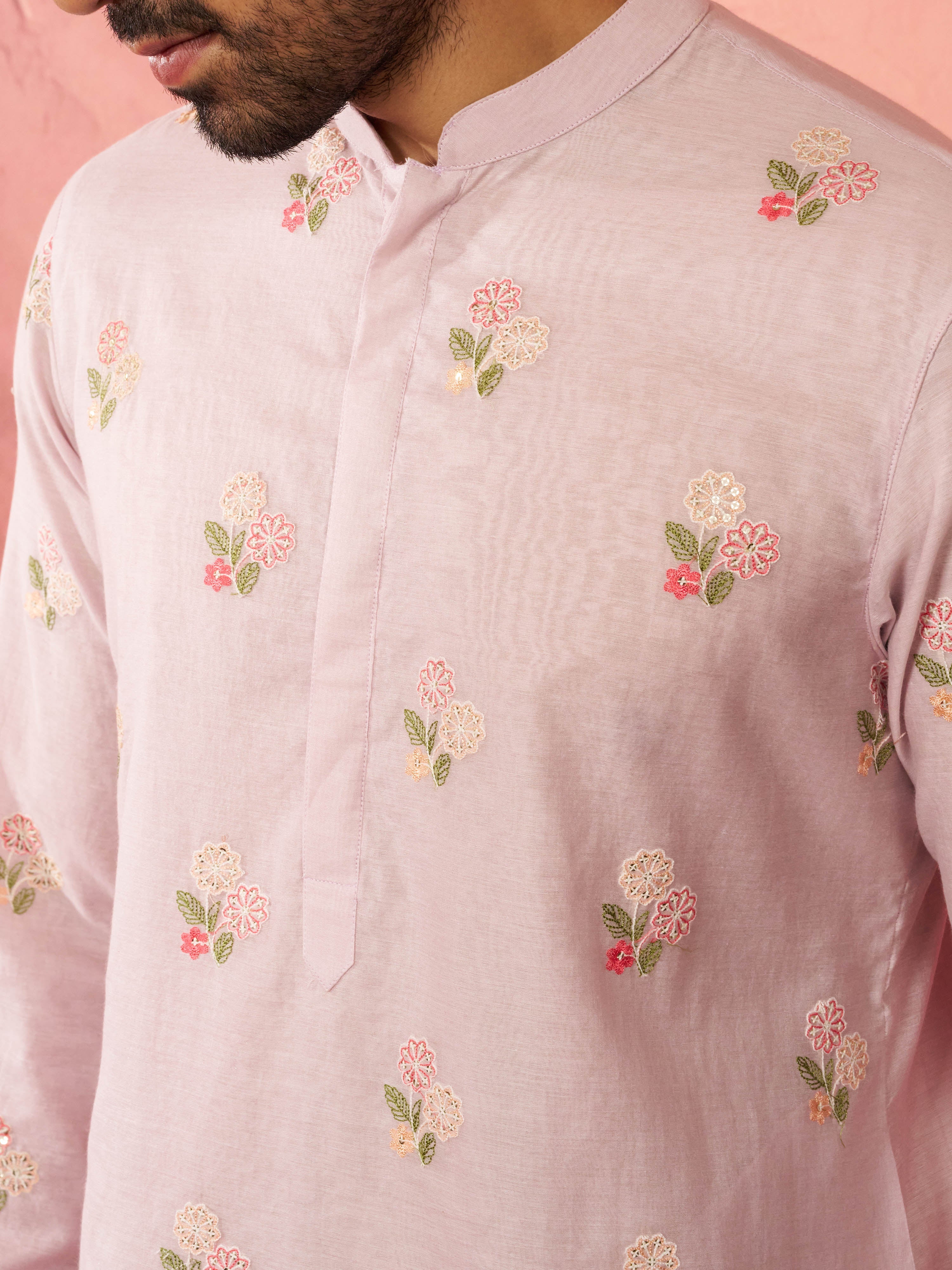 Men's Lavender Cotton Kurta with Cream Pyjama