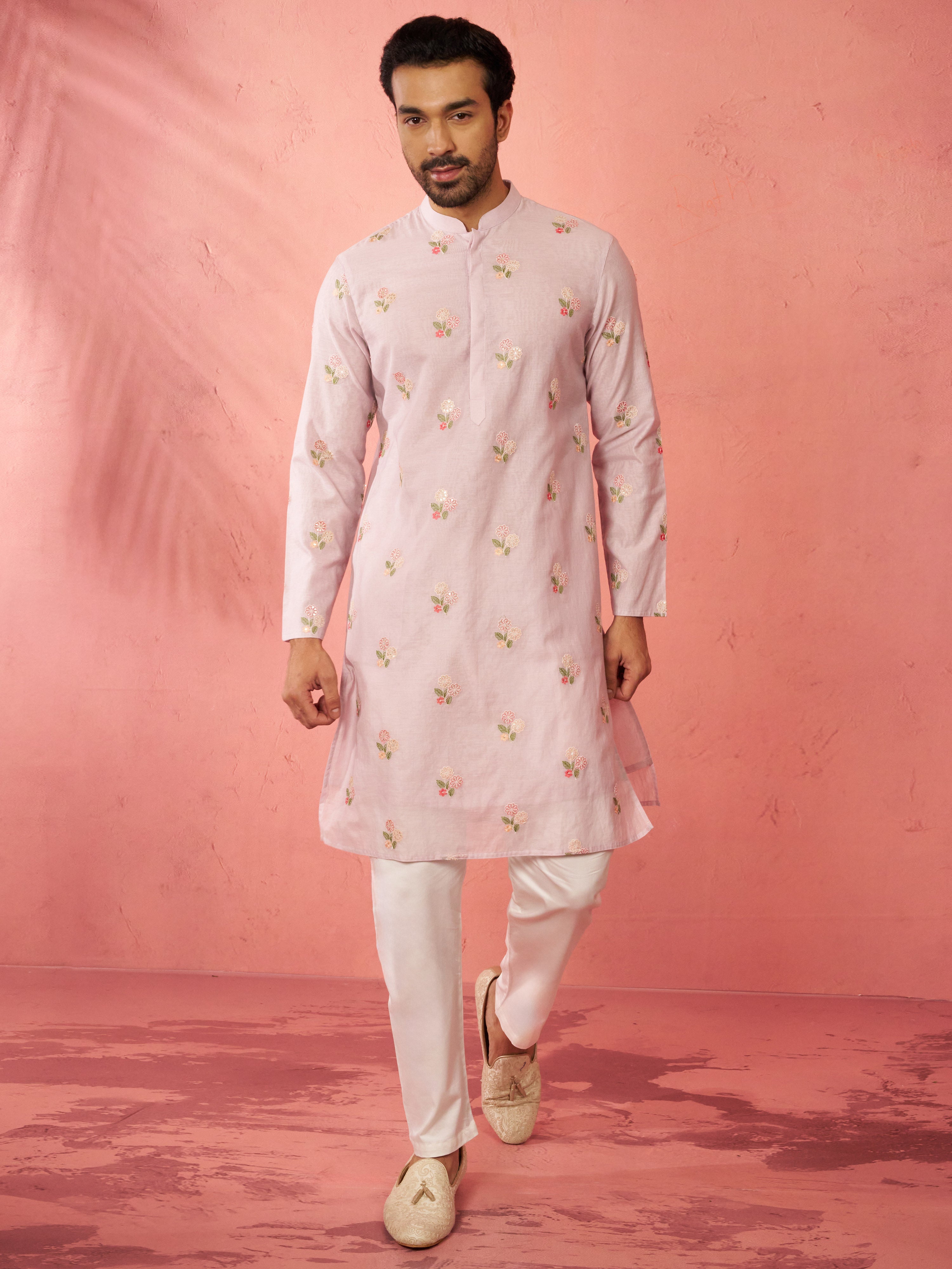 Men's Lavender Cotton Kurta with Cream Pyjama