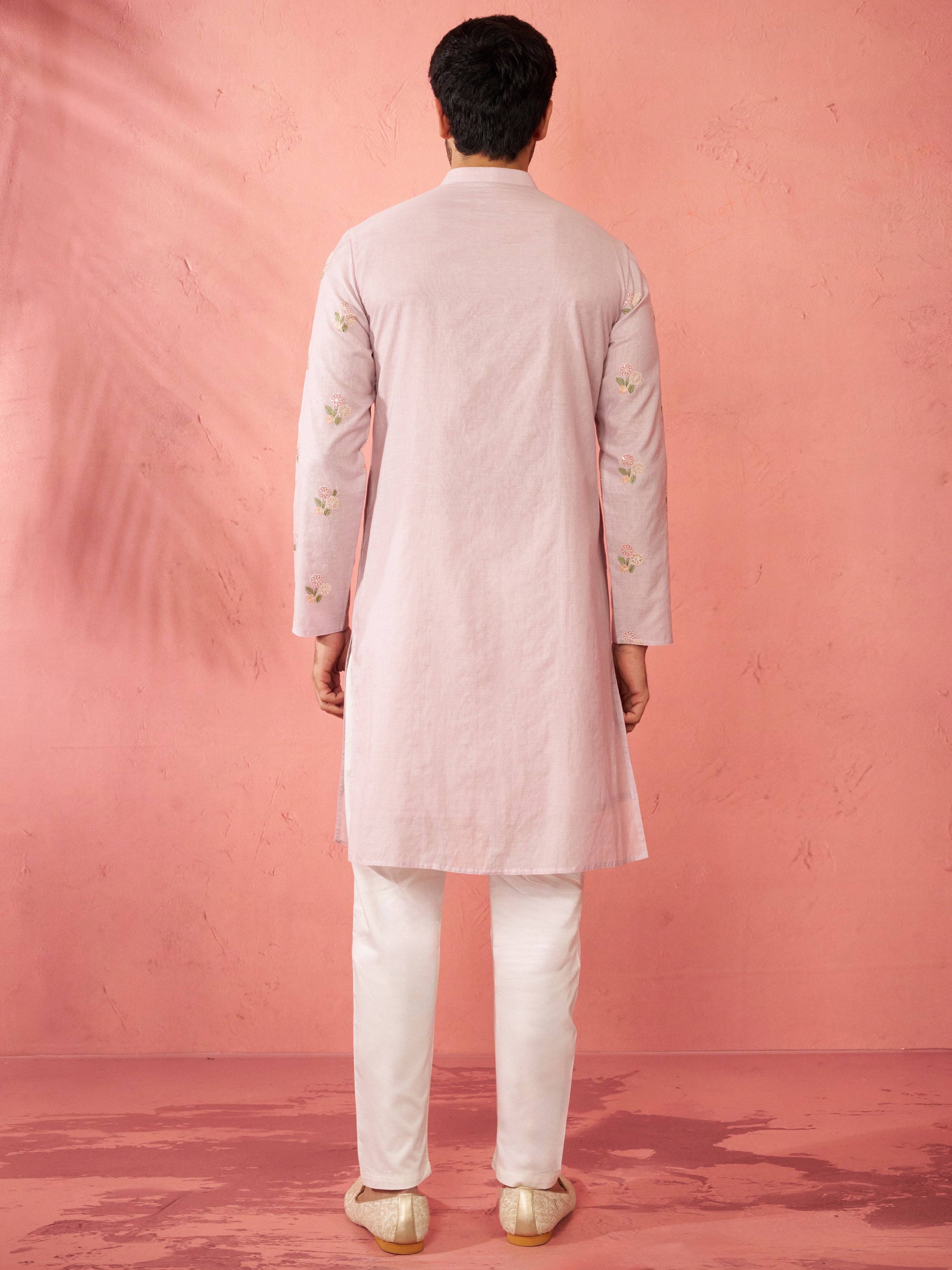 Men's Lavender Cotton Kurta with Cream Pyjama