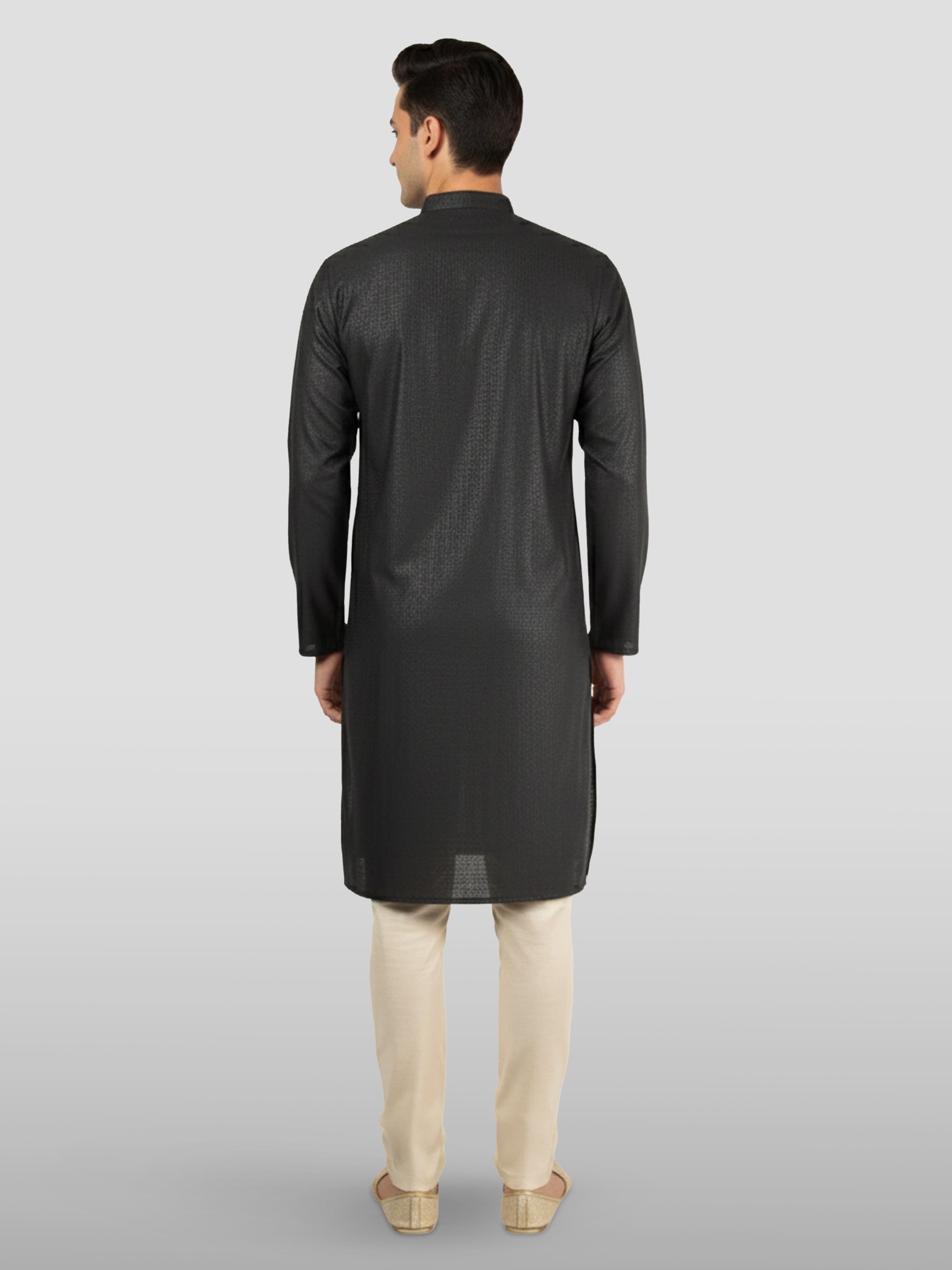 Men's Black Embroidered Kurta with Cream Pyjama