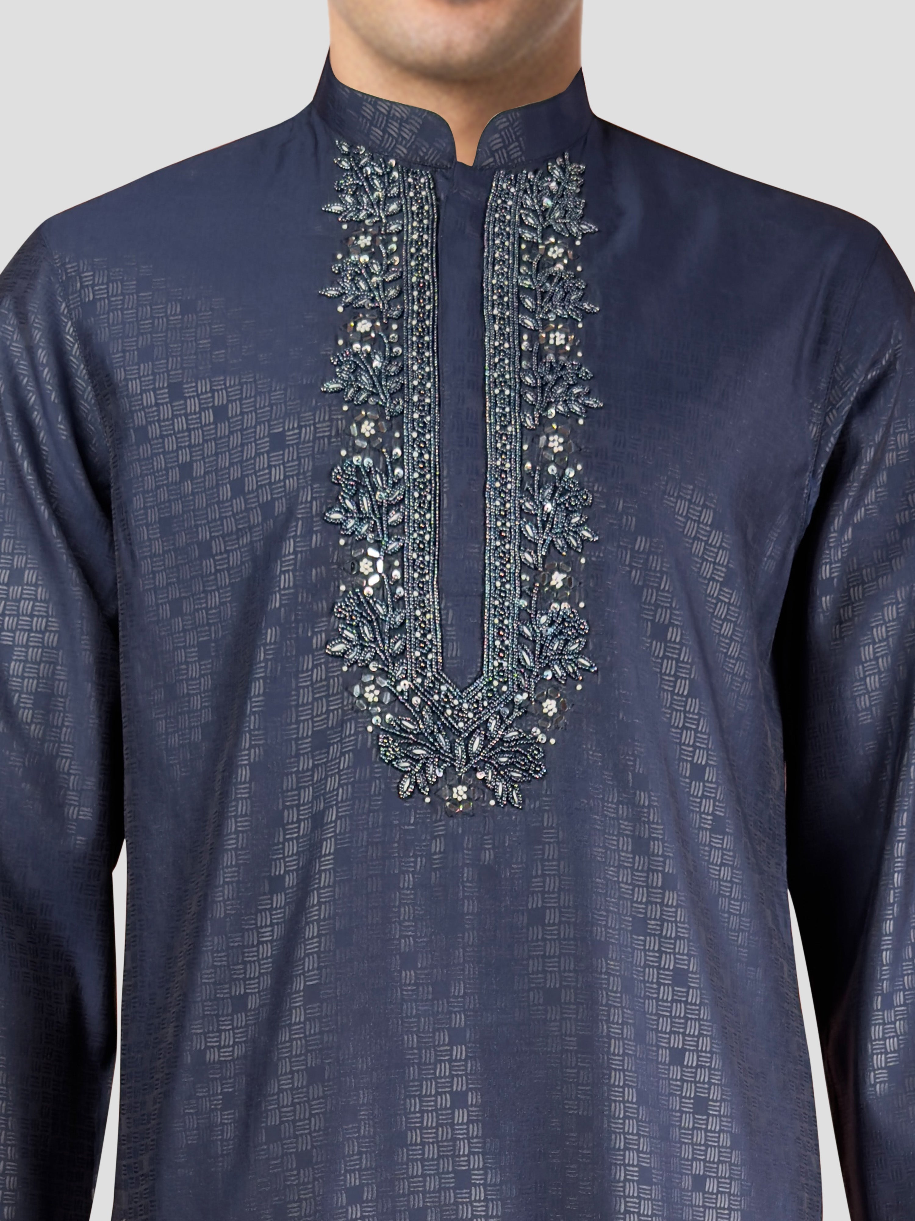Men's Navy Blue Zudio Emboss Silk Kurta