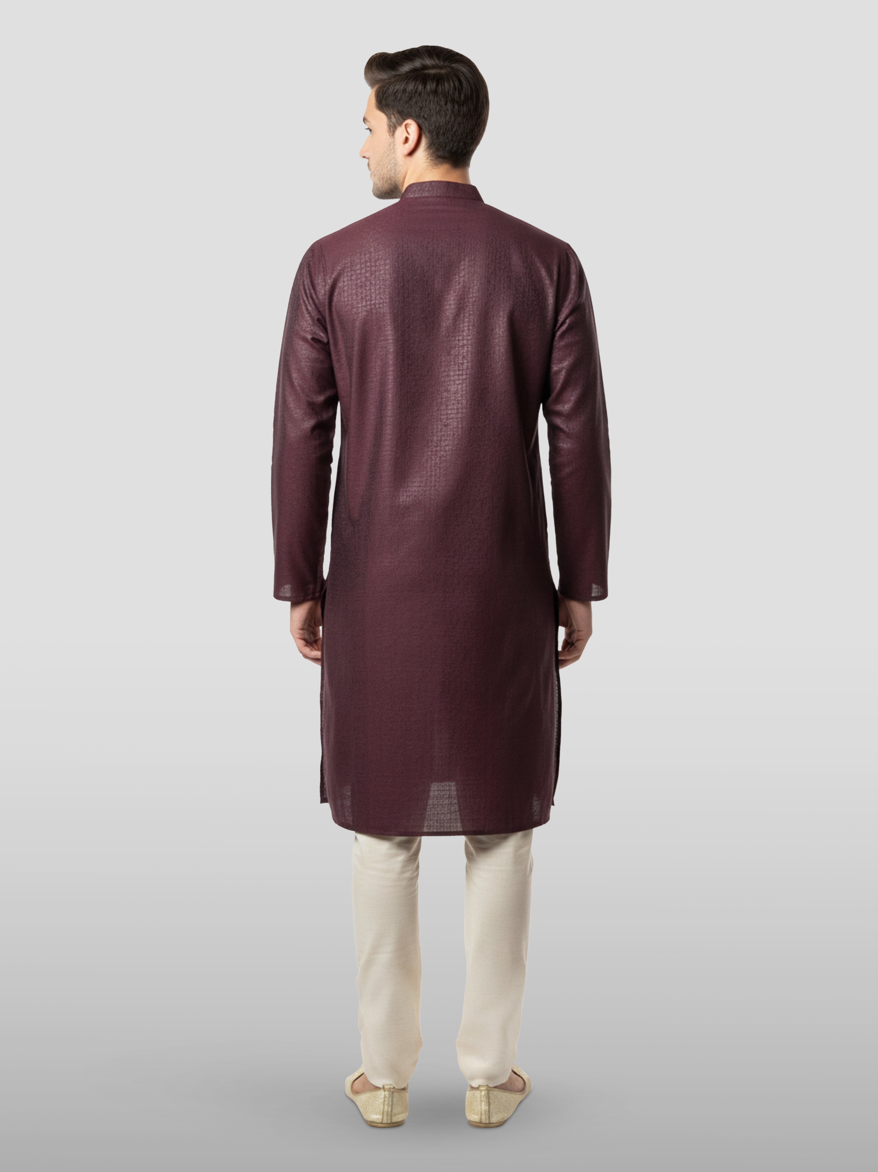 Men's Wine Embroidered Kurta with Cream Pyjama