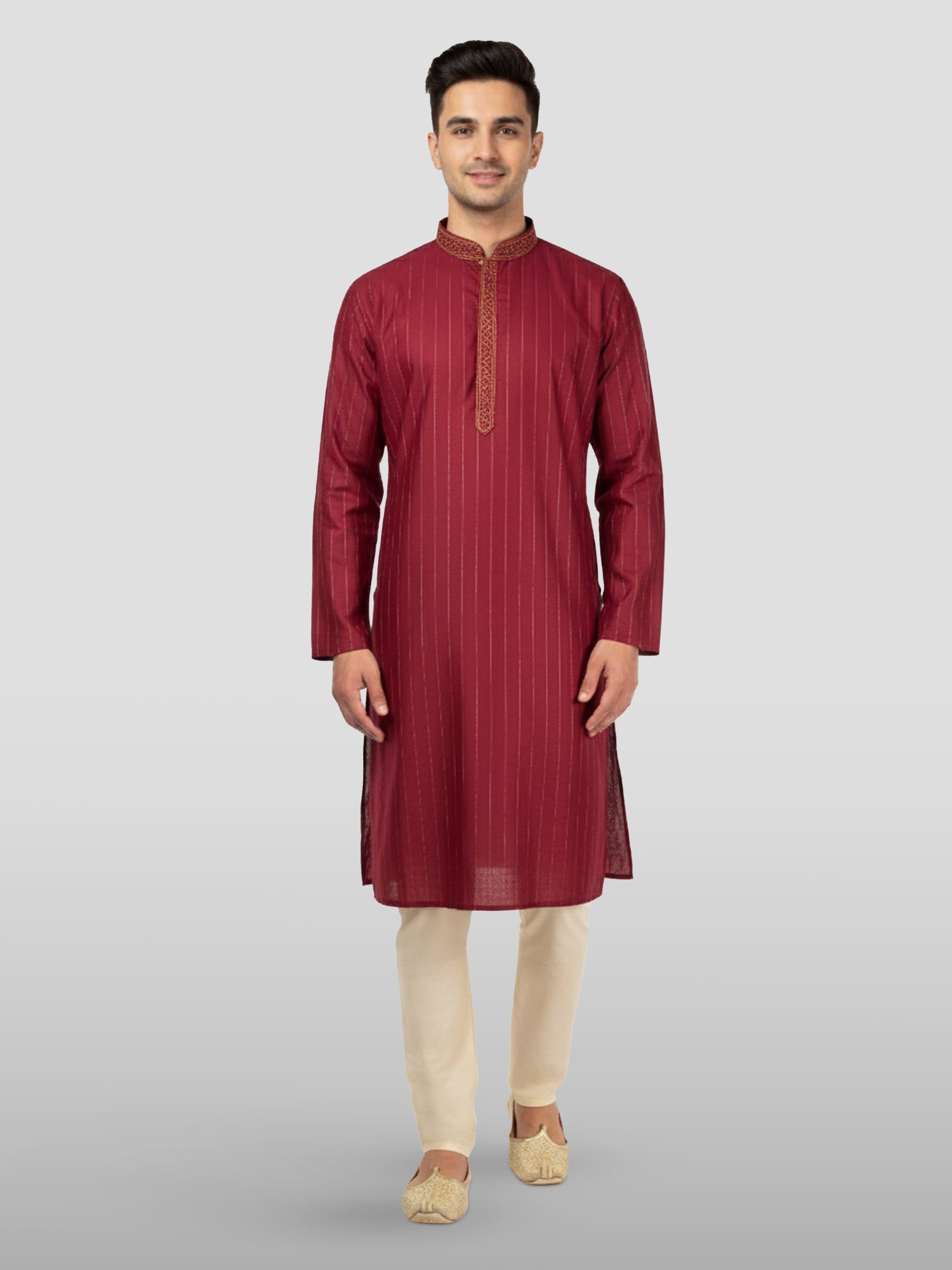 Men's Maroon Embroidered Kurta with Cream Pyjama