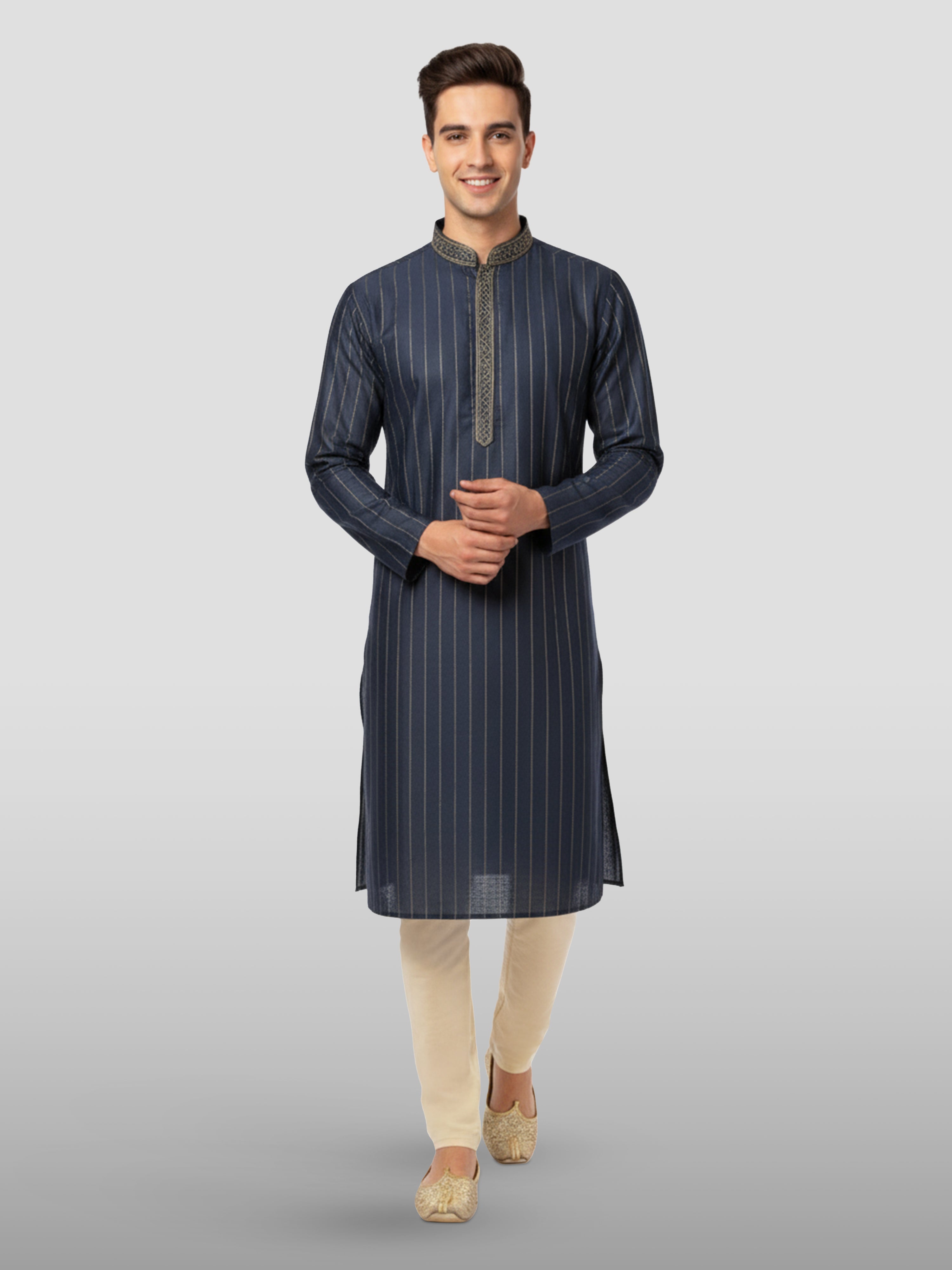 Men's Navy Blue Embroidered Kurta with Cream Pyjama