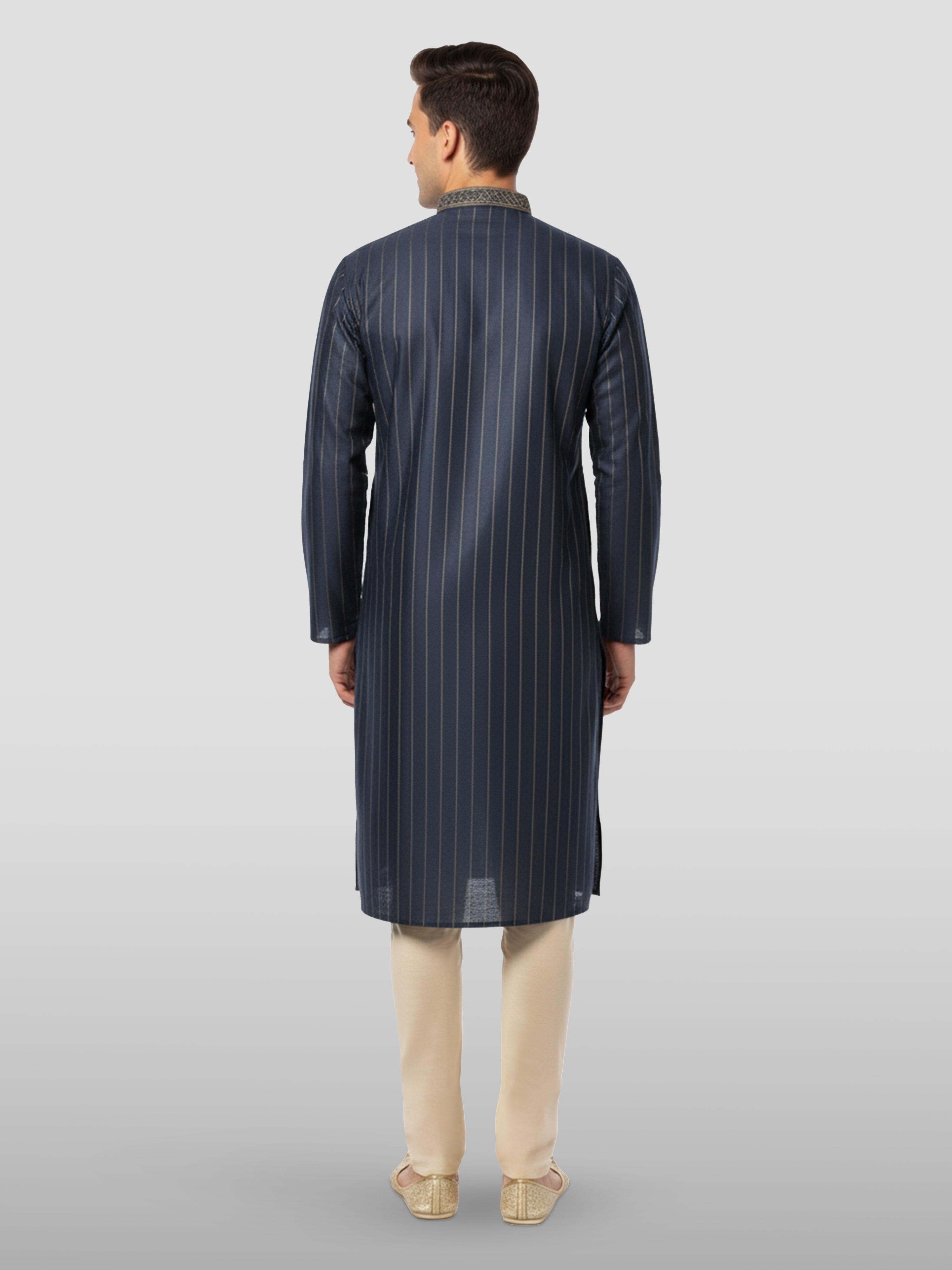 Men's Navy Blue Embroidered Kurta with Cream Pyjama