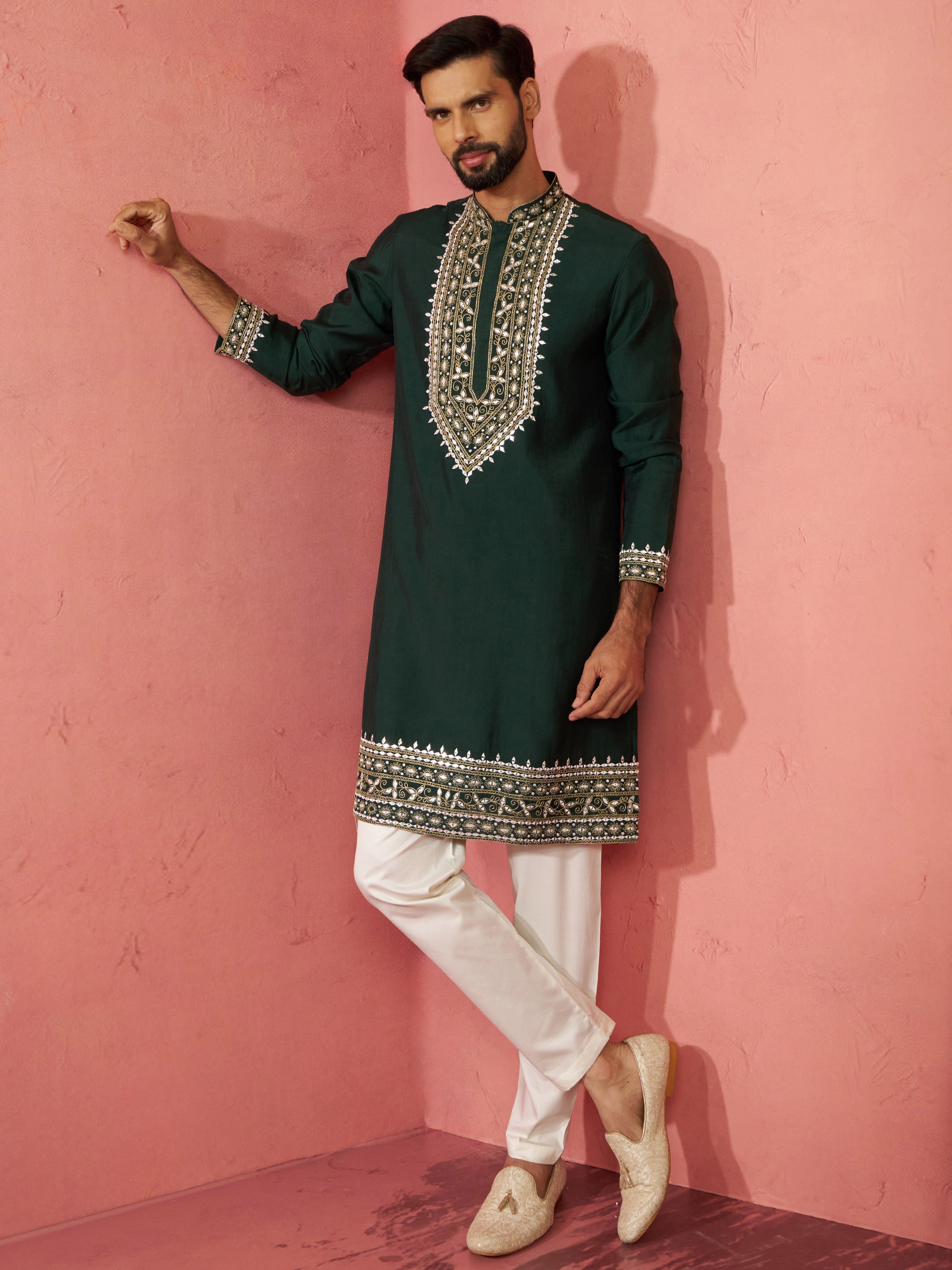 Men's Bottle Green Chanderi Kurta Set with Cream Pyjama