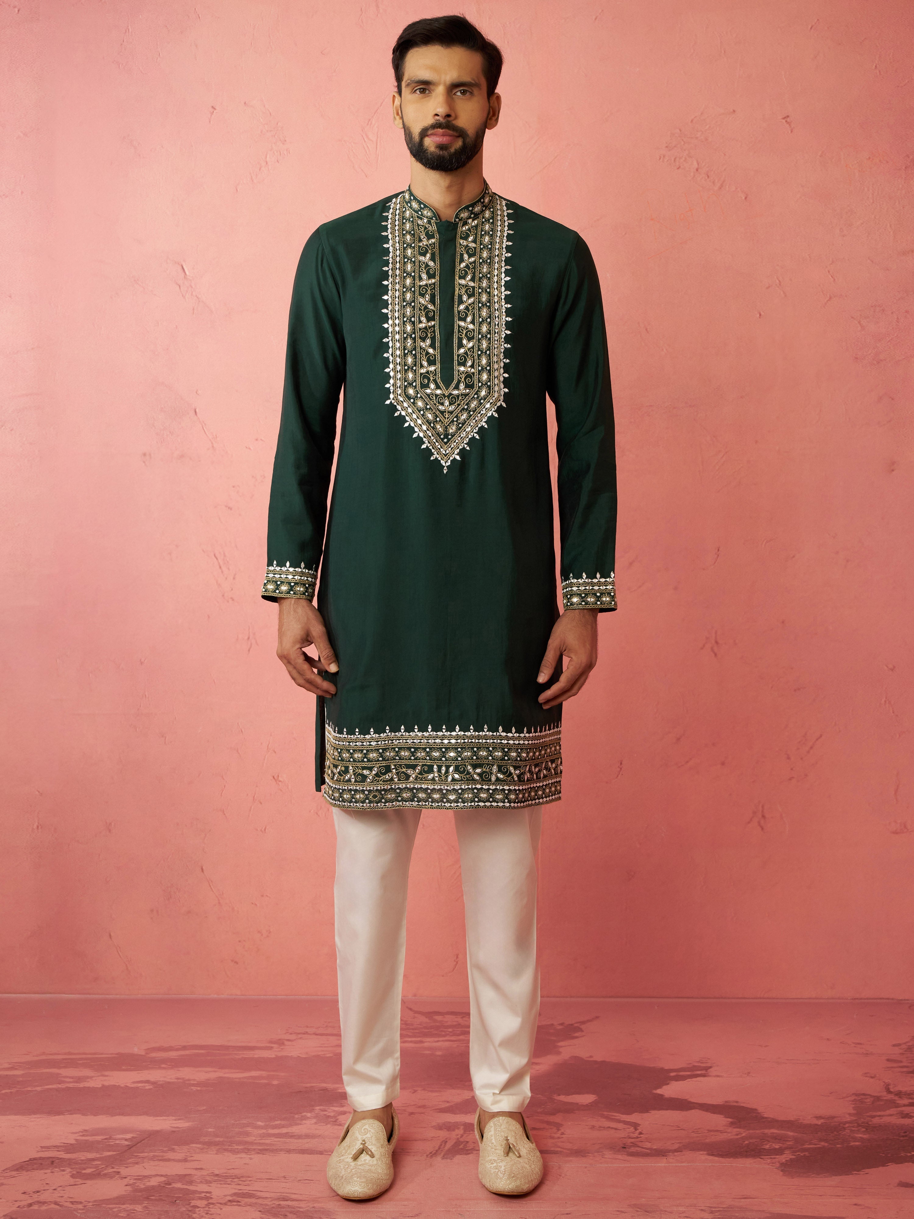 Men's Bottle Green Chanderi Kurta Set with Cream Pyjama