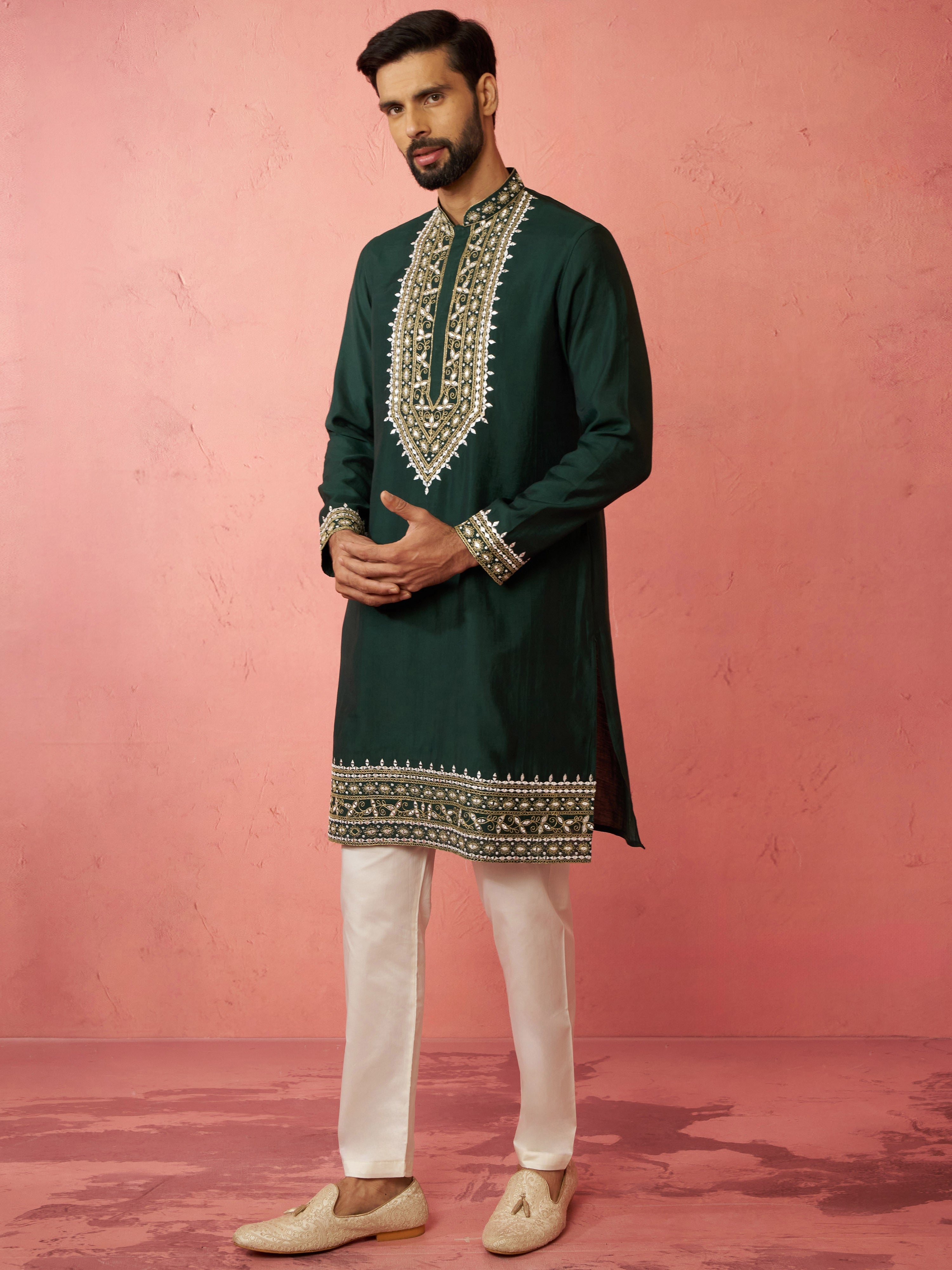Men's Bottle Green Chanderi Kurta Set with Cream Pyjama