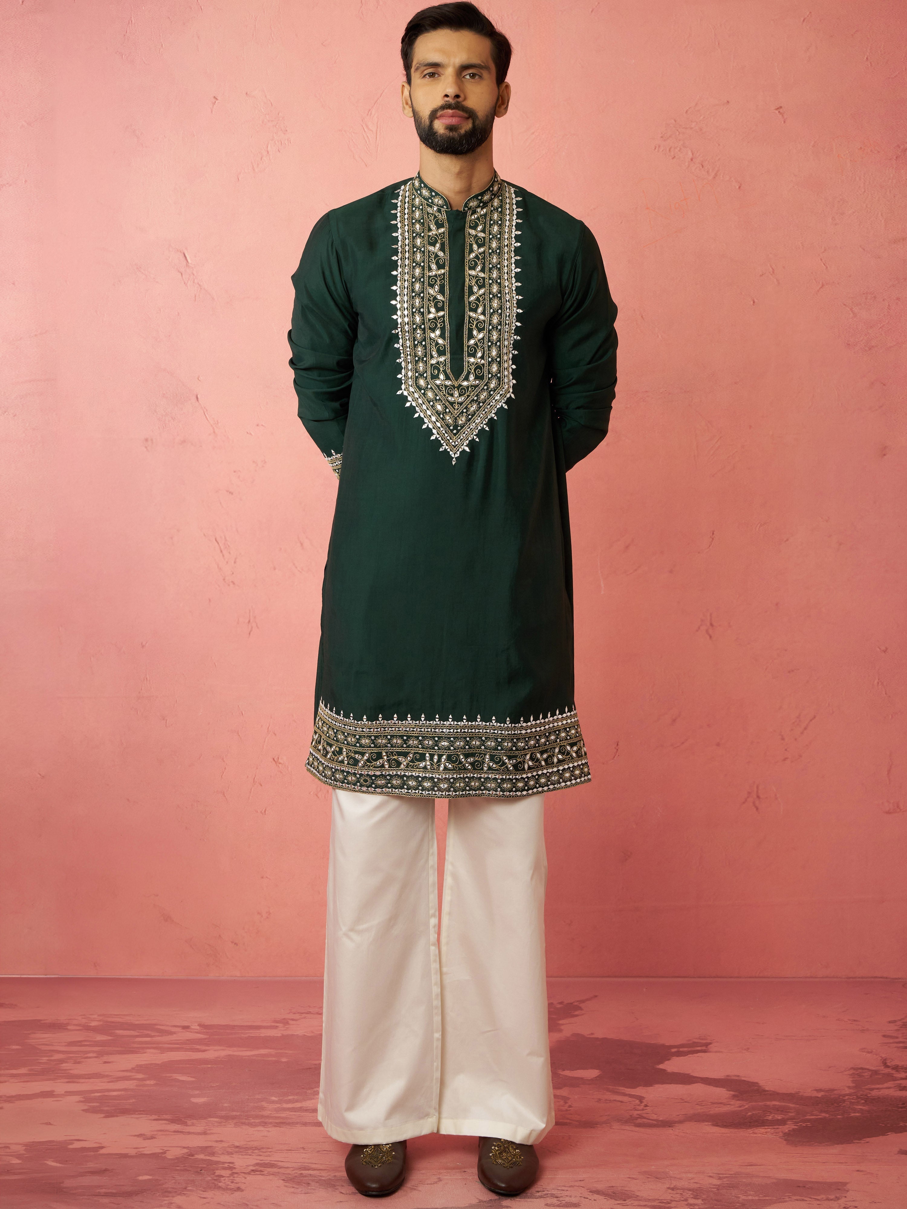 Men's Bottle Green Chanderi Kurta Set with Cream Pant