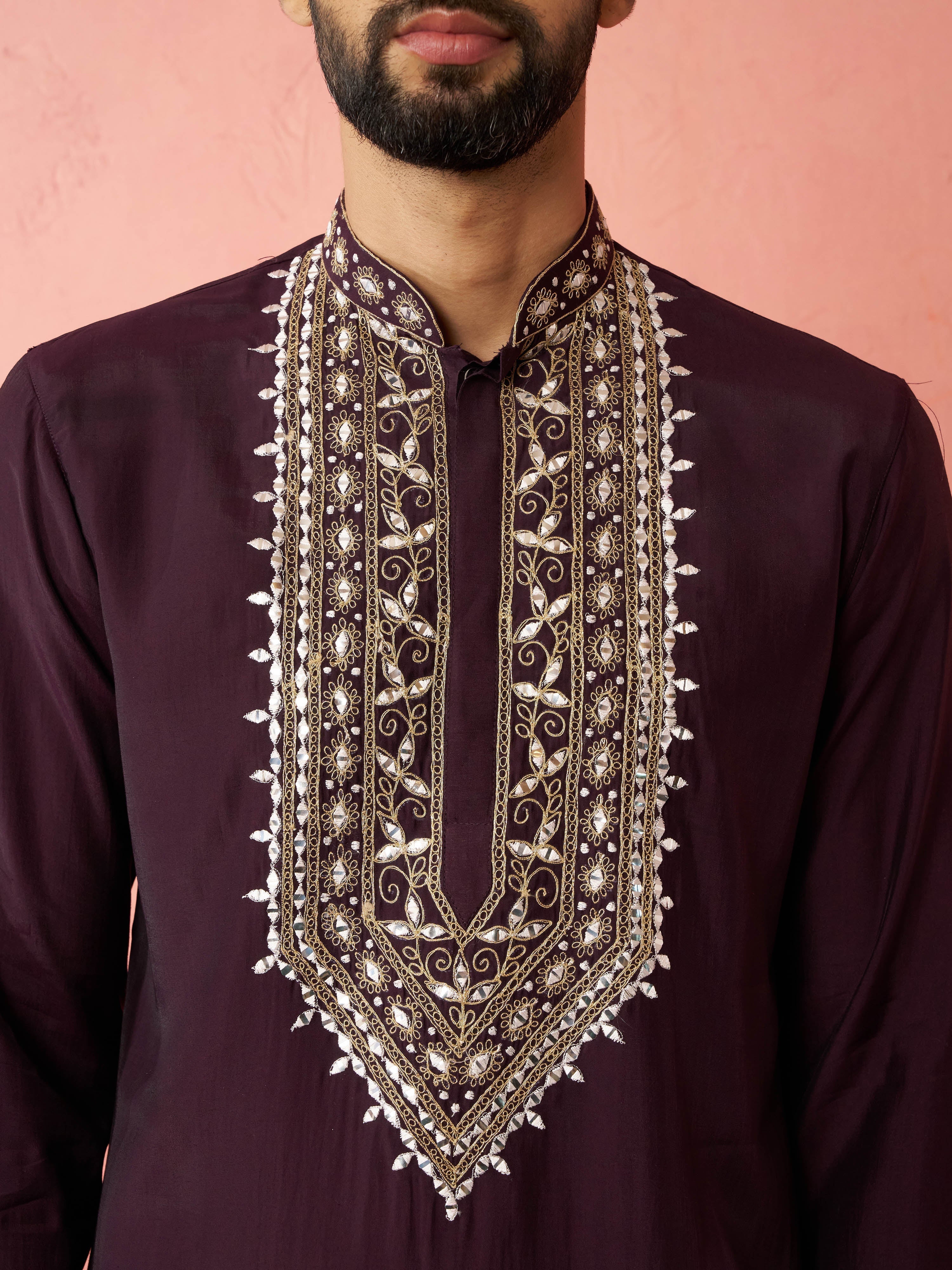 Men's Purple Chanderi Kurta Set with Cream Pant
