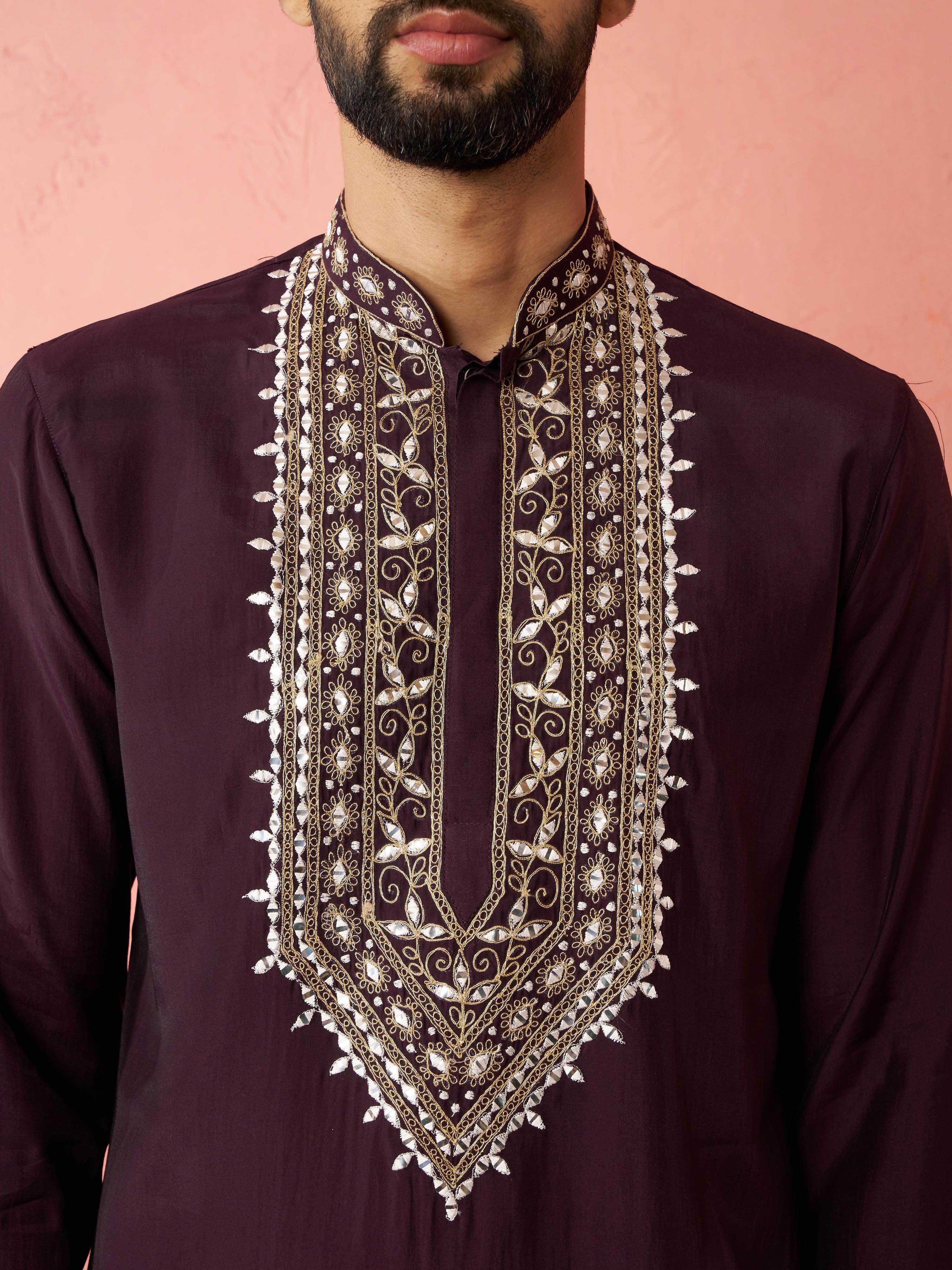Men's Purple Chanderi Kurta Set with Cream Pant