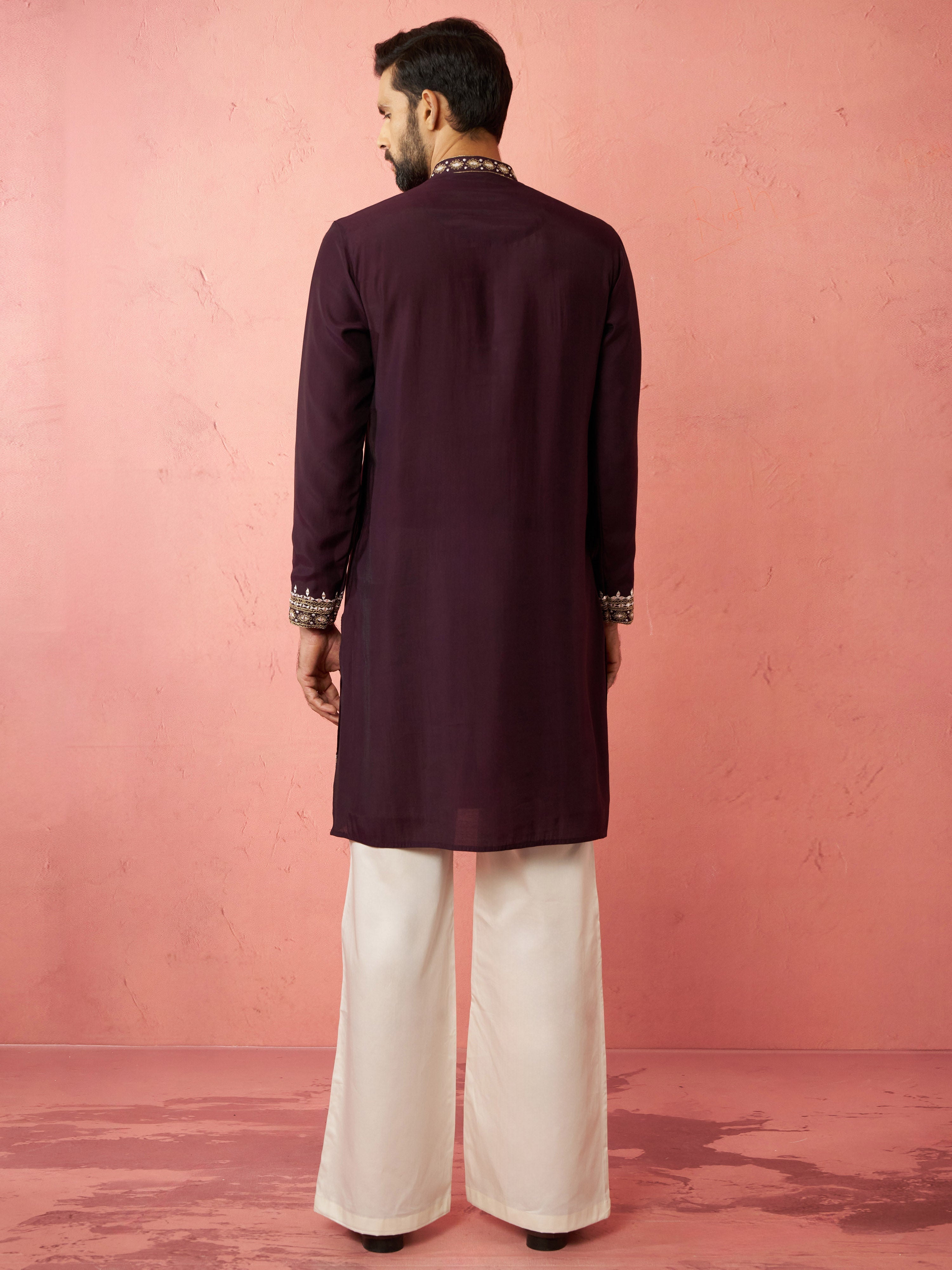 Men's Purple Chanderi Kurta Set with Cream Pant