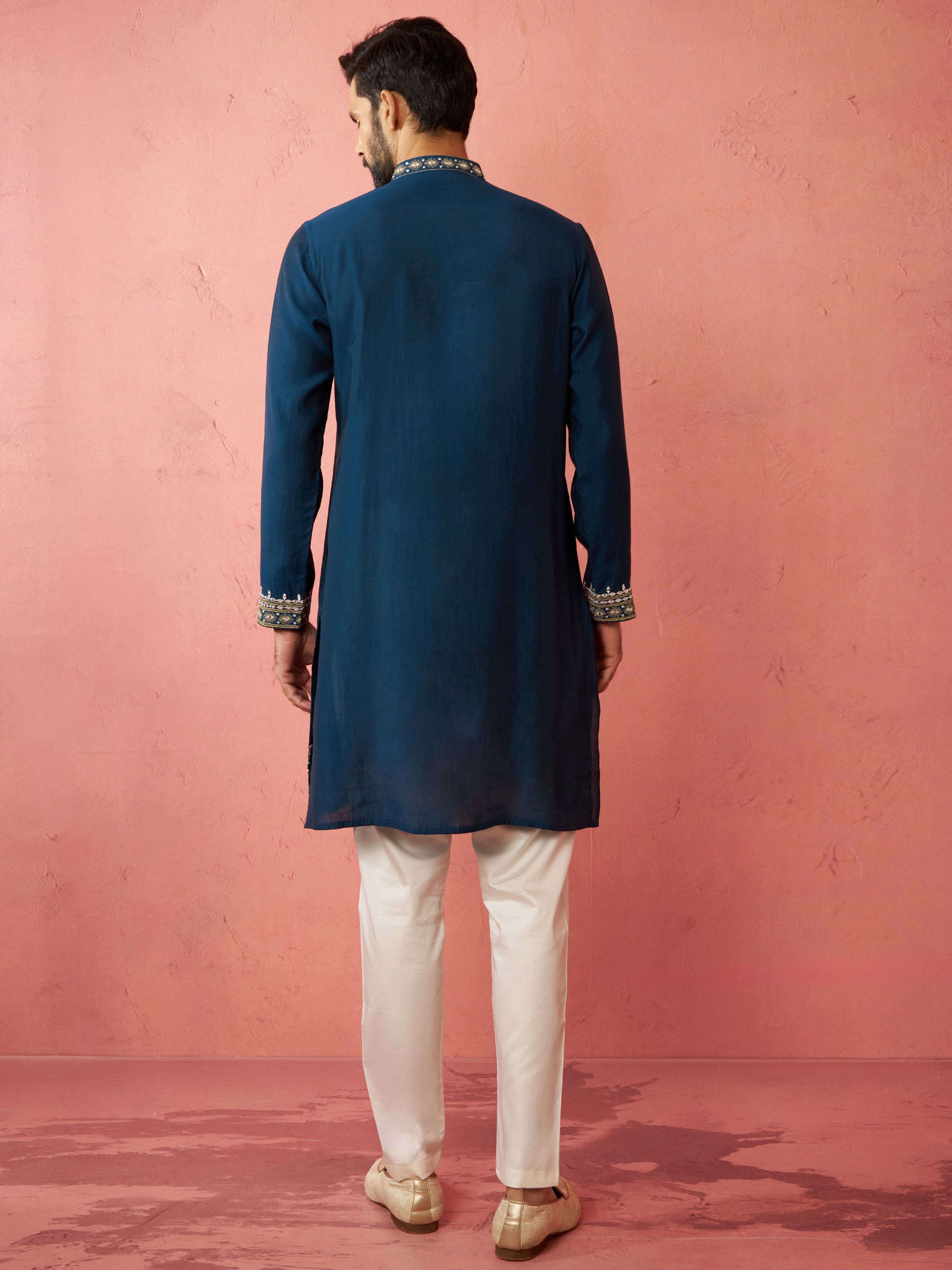 Men's Turquoise Chanderi Kurta Set with Cream Pyjama