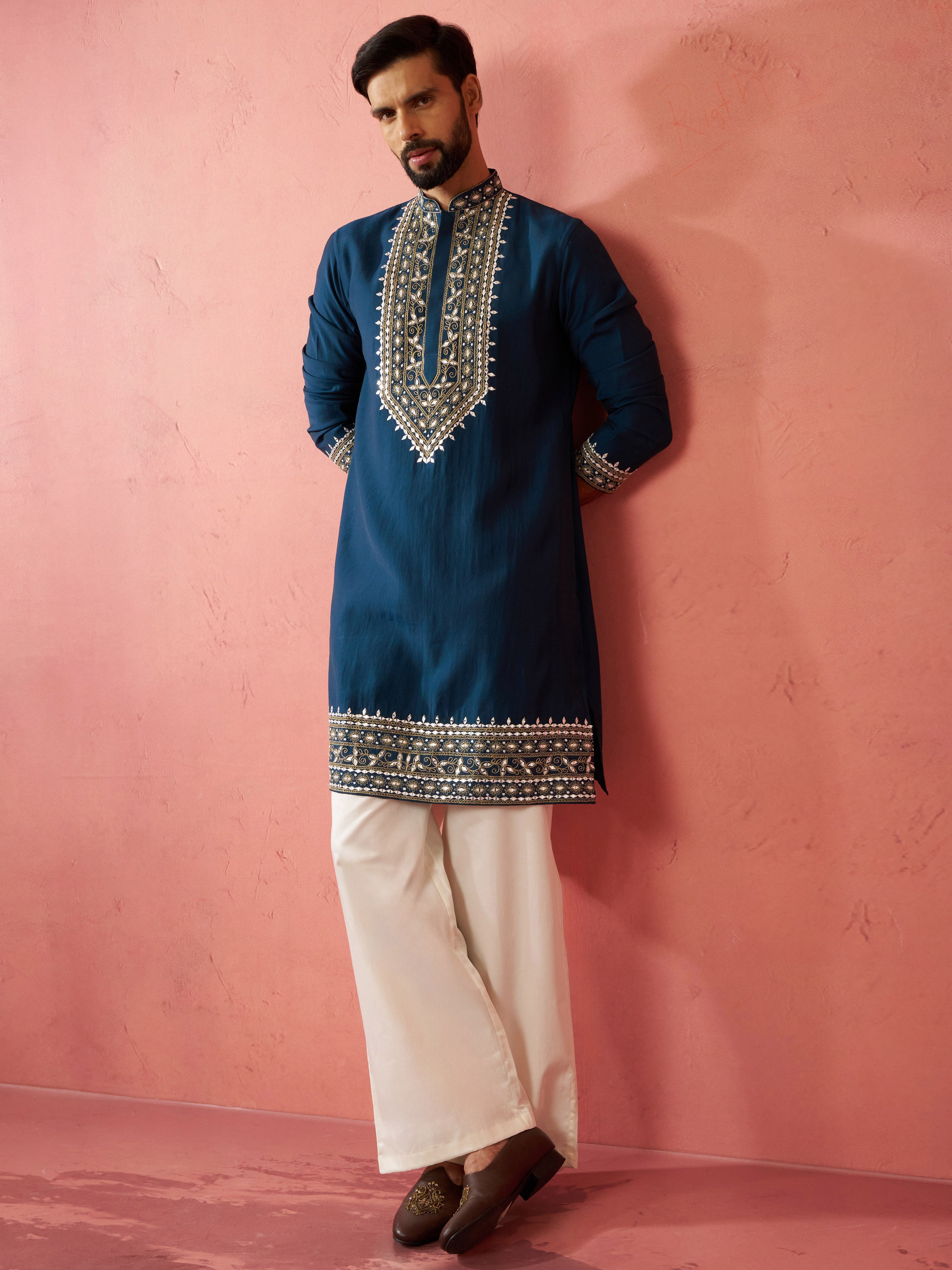 Men's Turquoise Chanderi Kurta Set with Cream Pant
