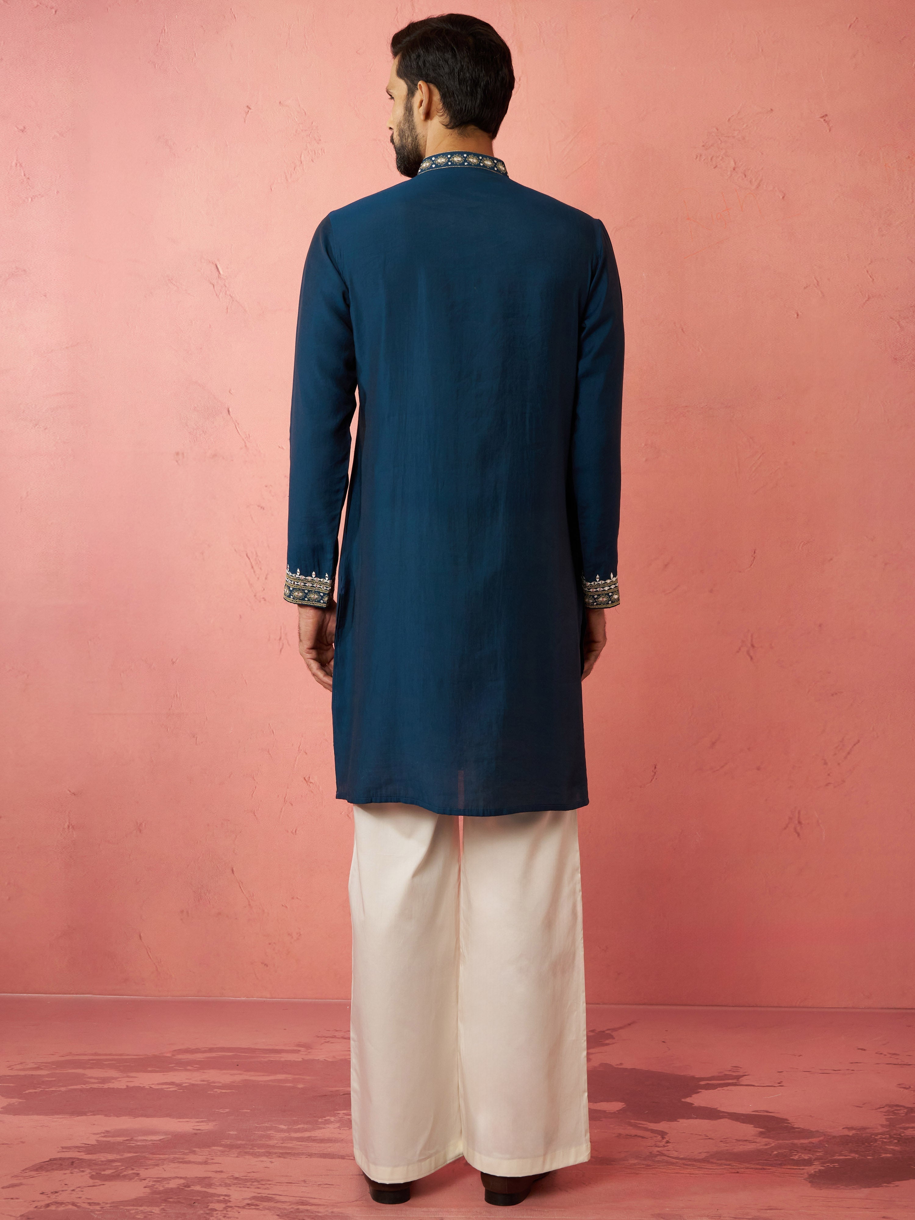 Men's Turquoise Chanderi Kurta Set with Cream Pant