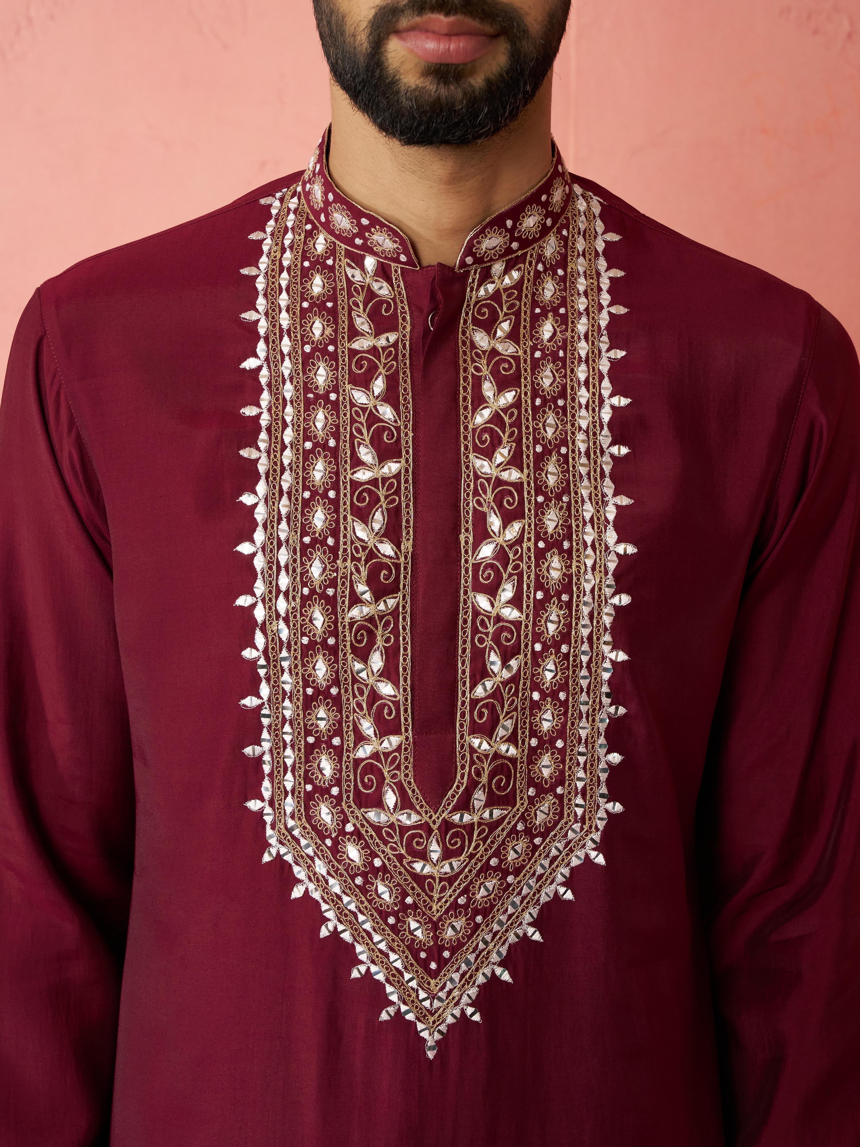 Men's Wine Chanderi Kurta Set with Cream Pyjama