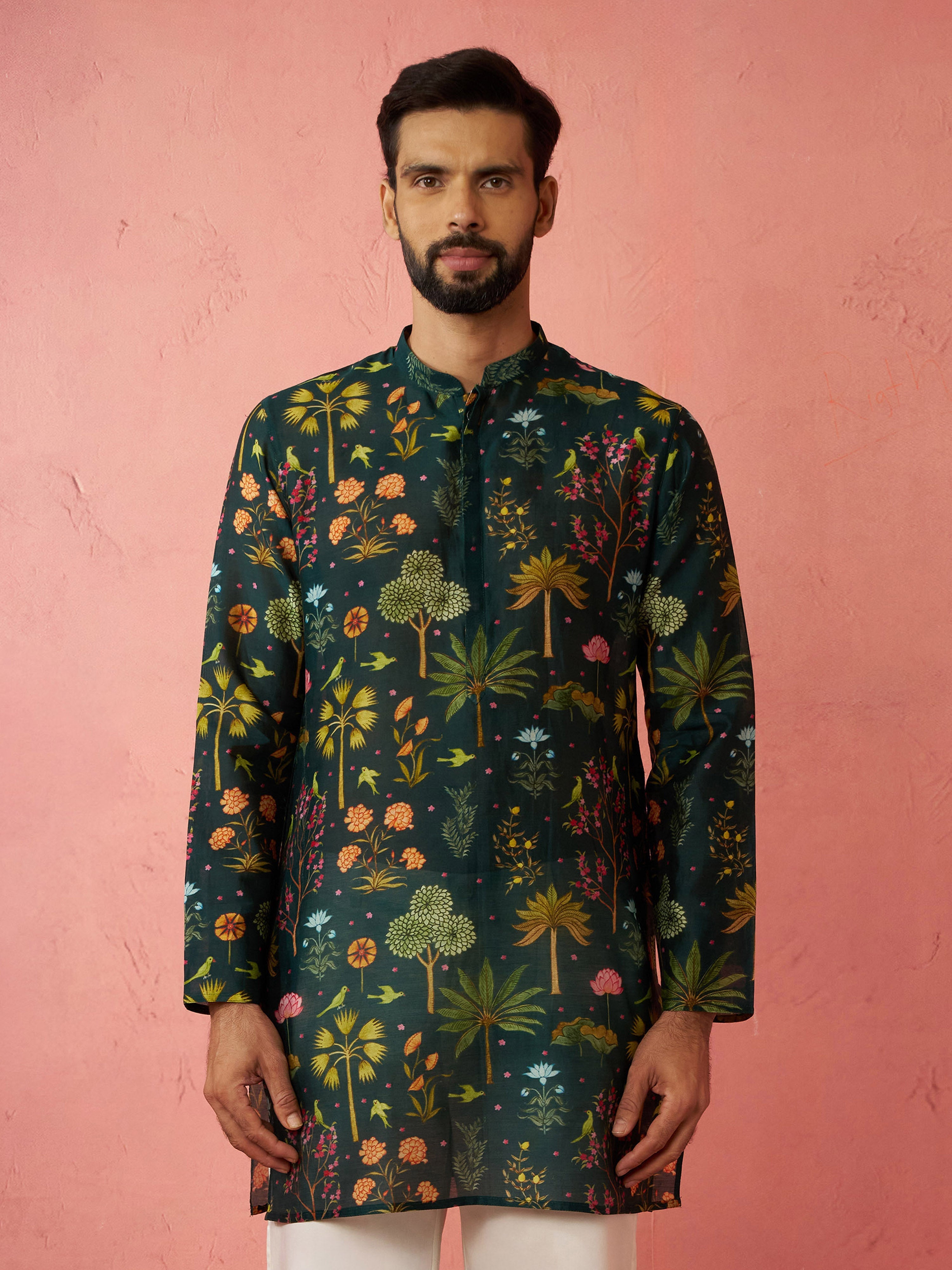 Men's Bottle Green Digital Print Kurta