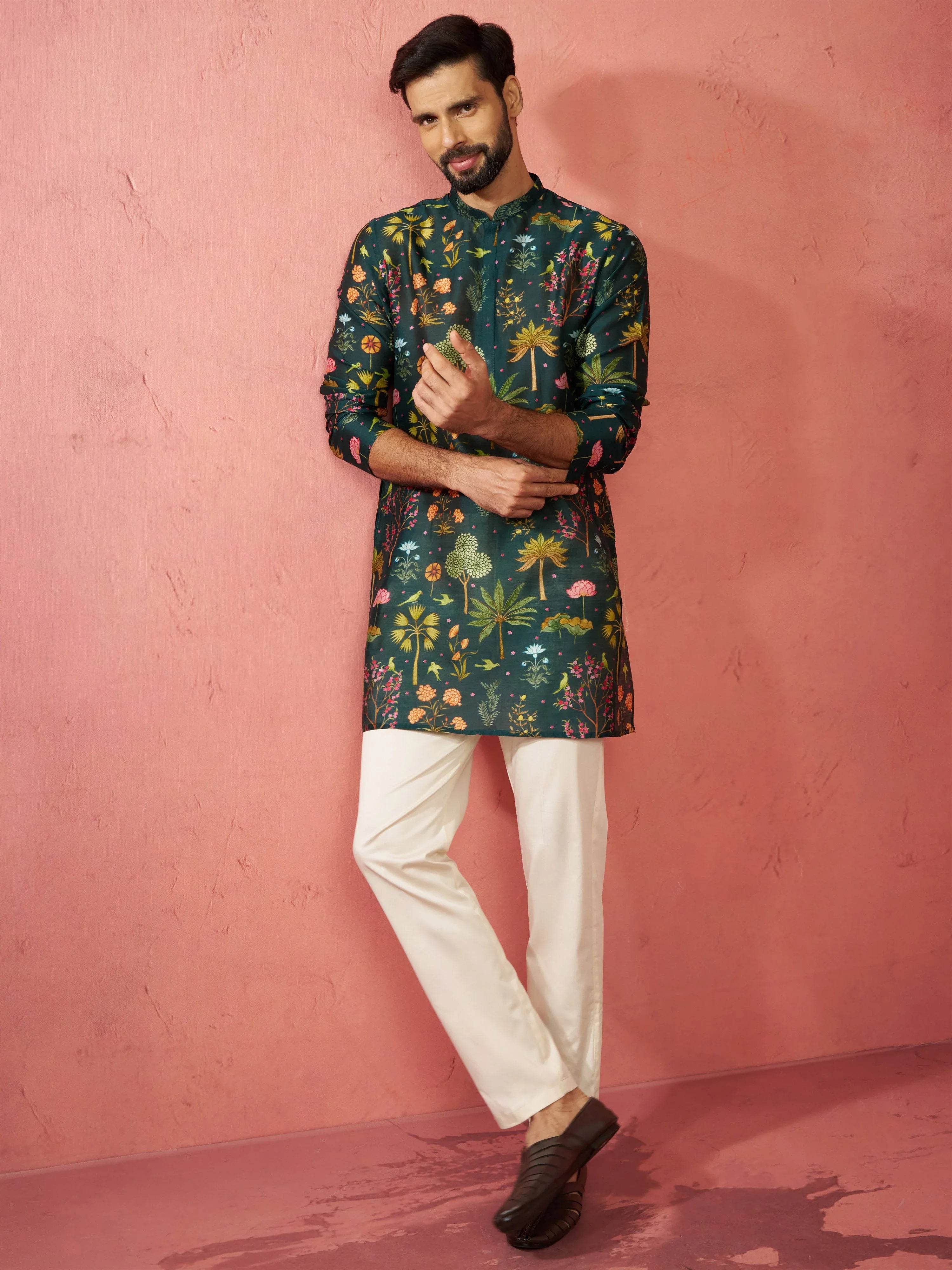 Men's Bottle Green Digital Print Kurta