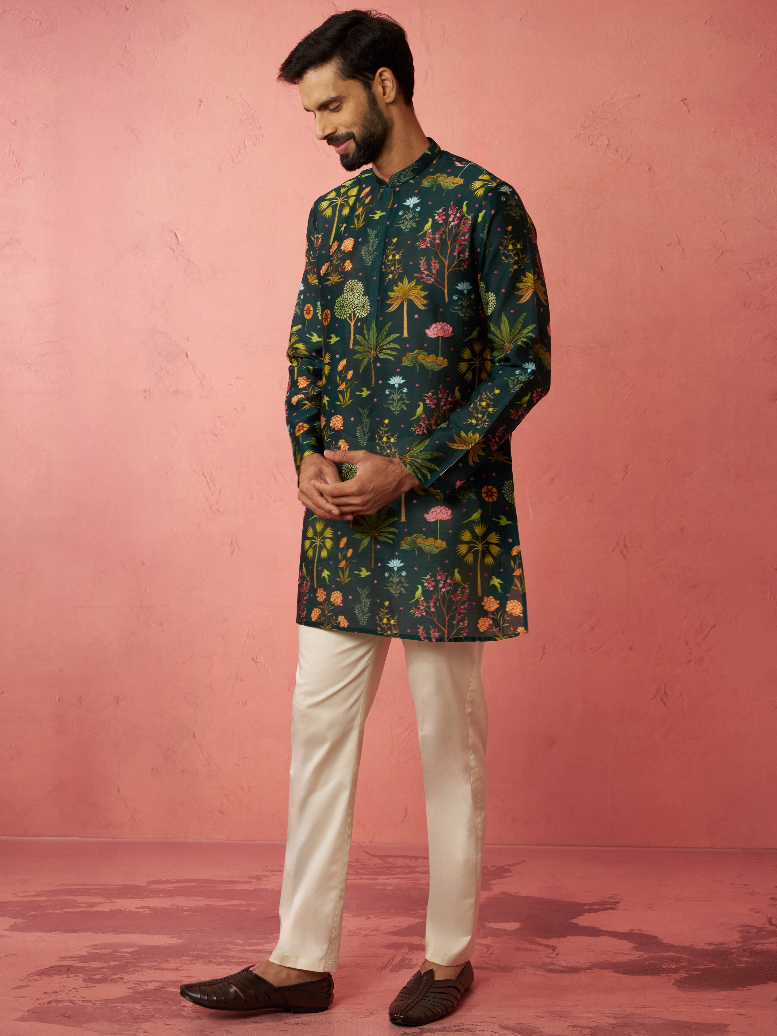 Men's Bottle Green Digital Print Kurta with Cotton Pyjama Set