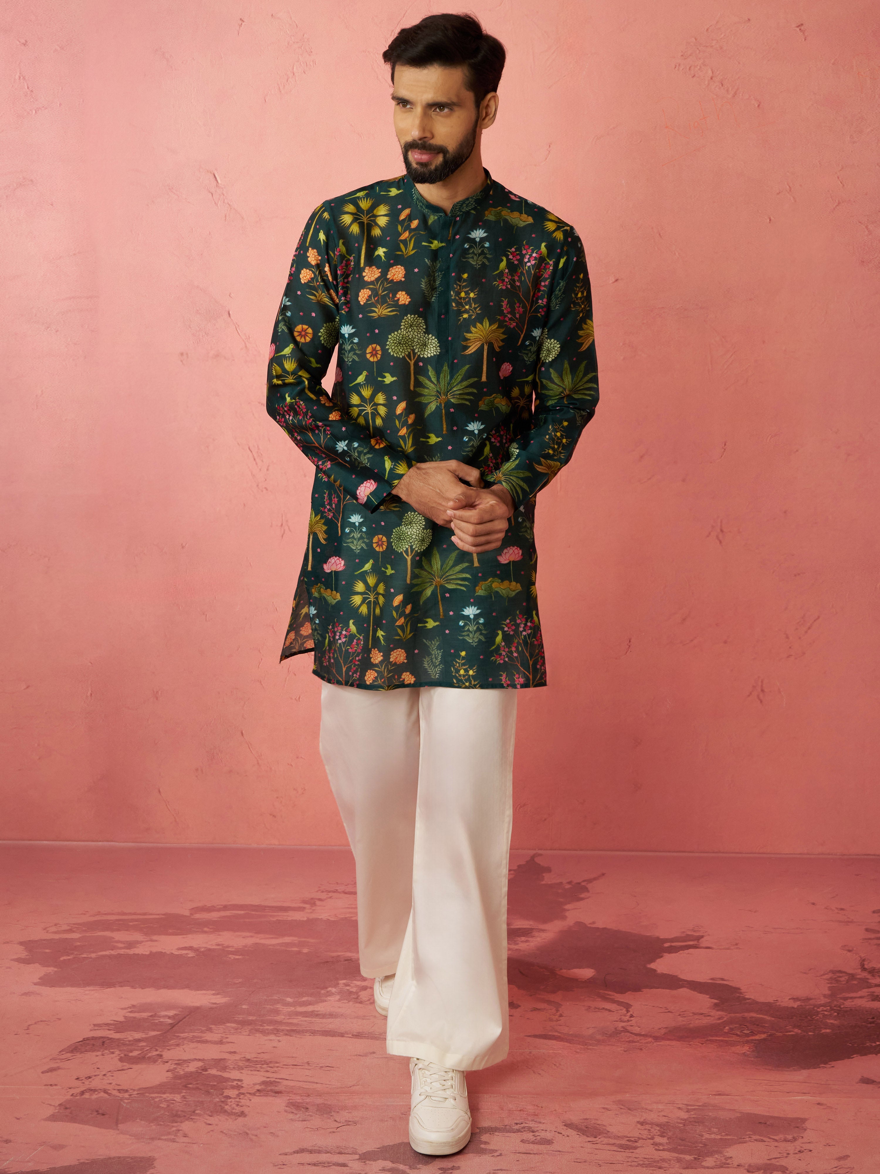 Men's Bottle Green Digital Print Kurta with Cream Satin Palazzo Set