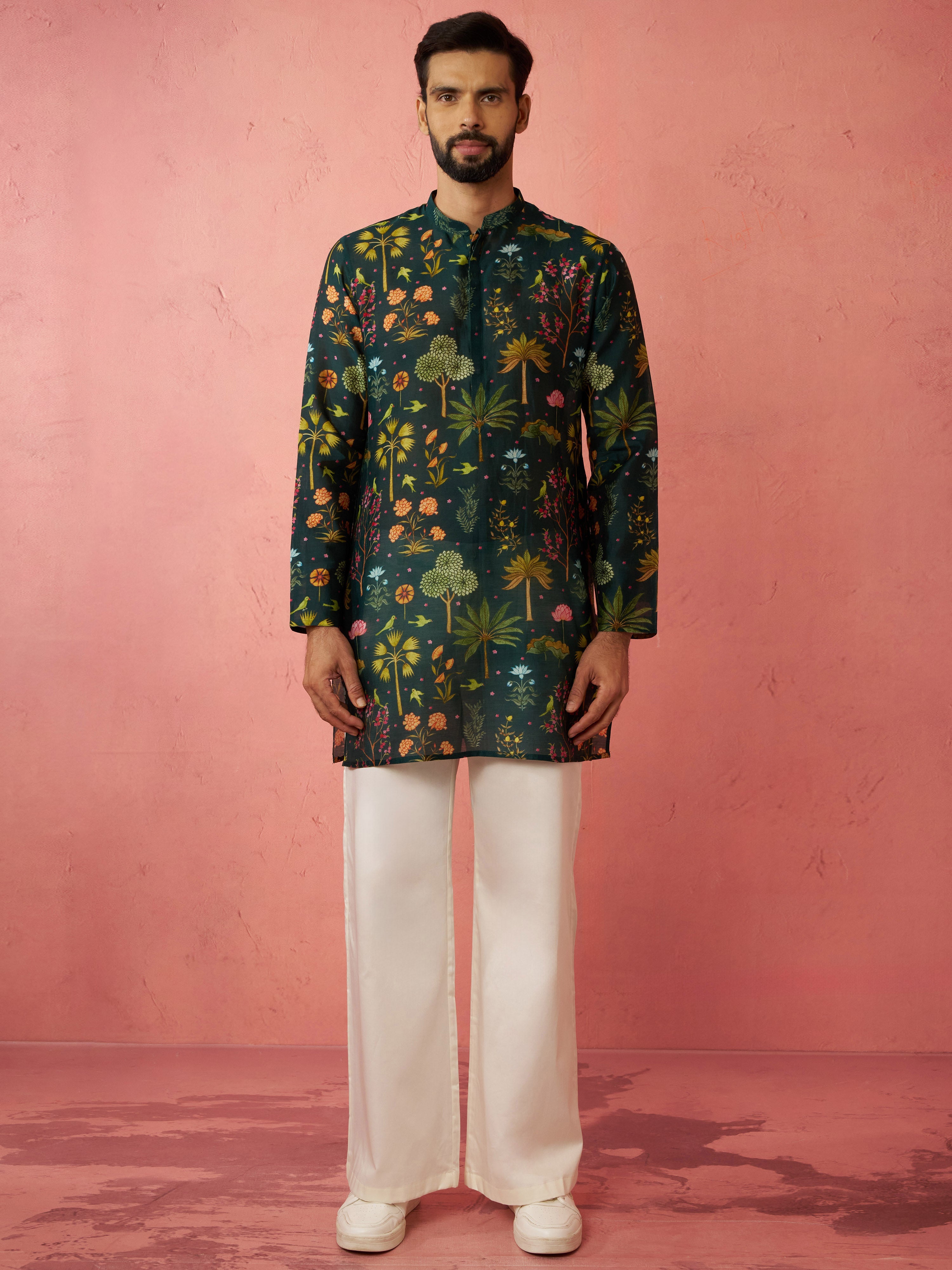 Men's Bottle Green Digital Print Kurta with Cream Satin Palazzo Set