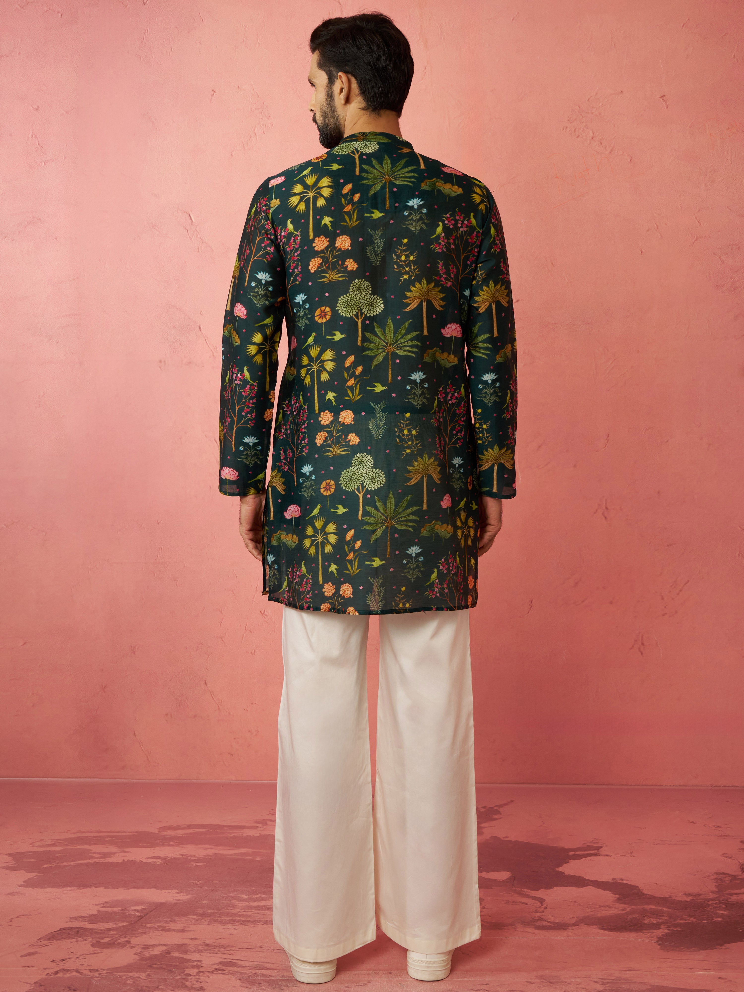 Men's Bottle Green Digital Print Kurta with Cream Satin Palazzo Set