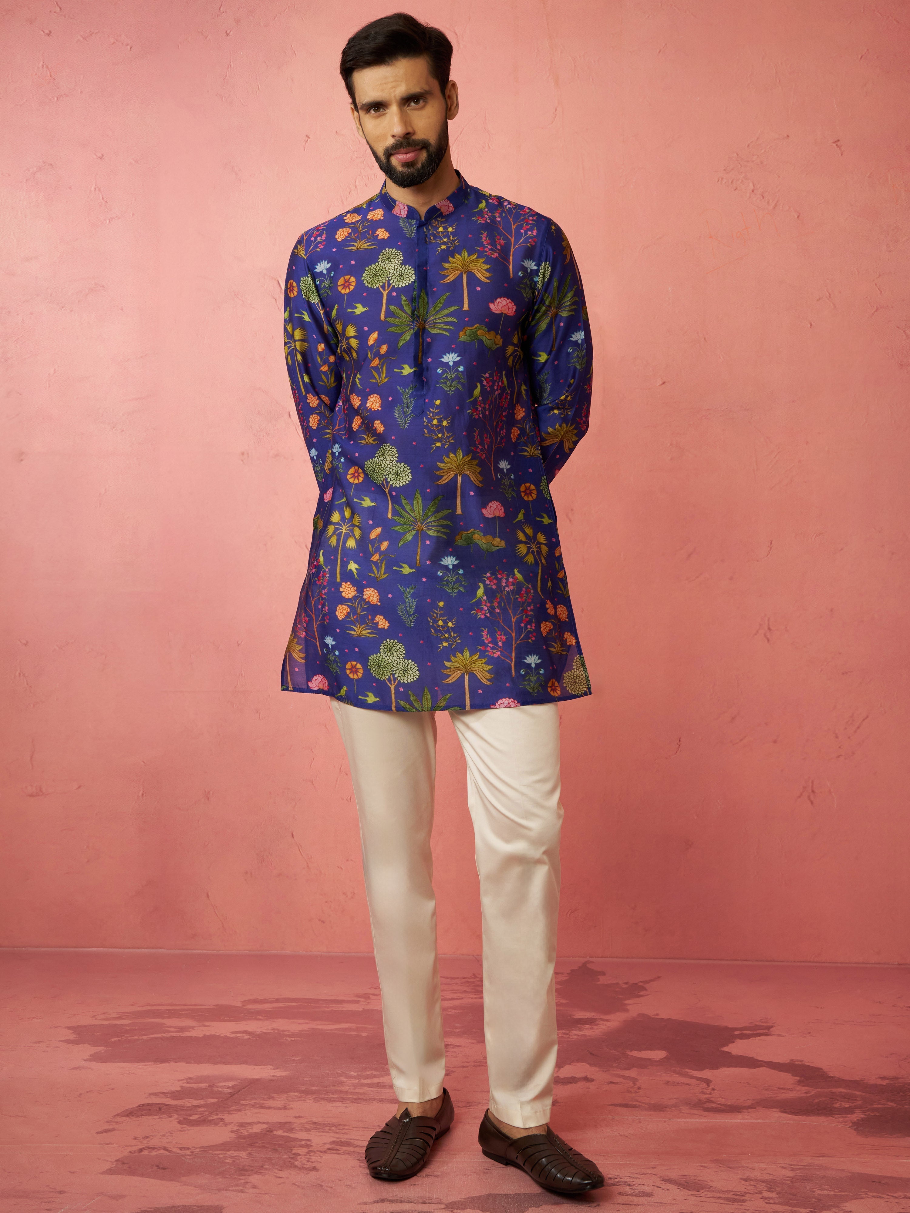 Men's Blue Digital Print Kurta with Cotton Lycra Pyjama Set