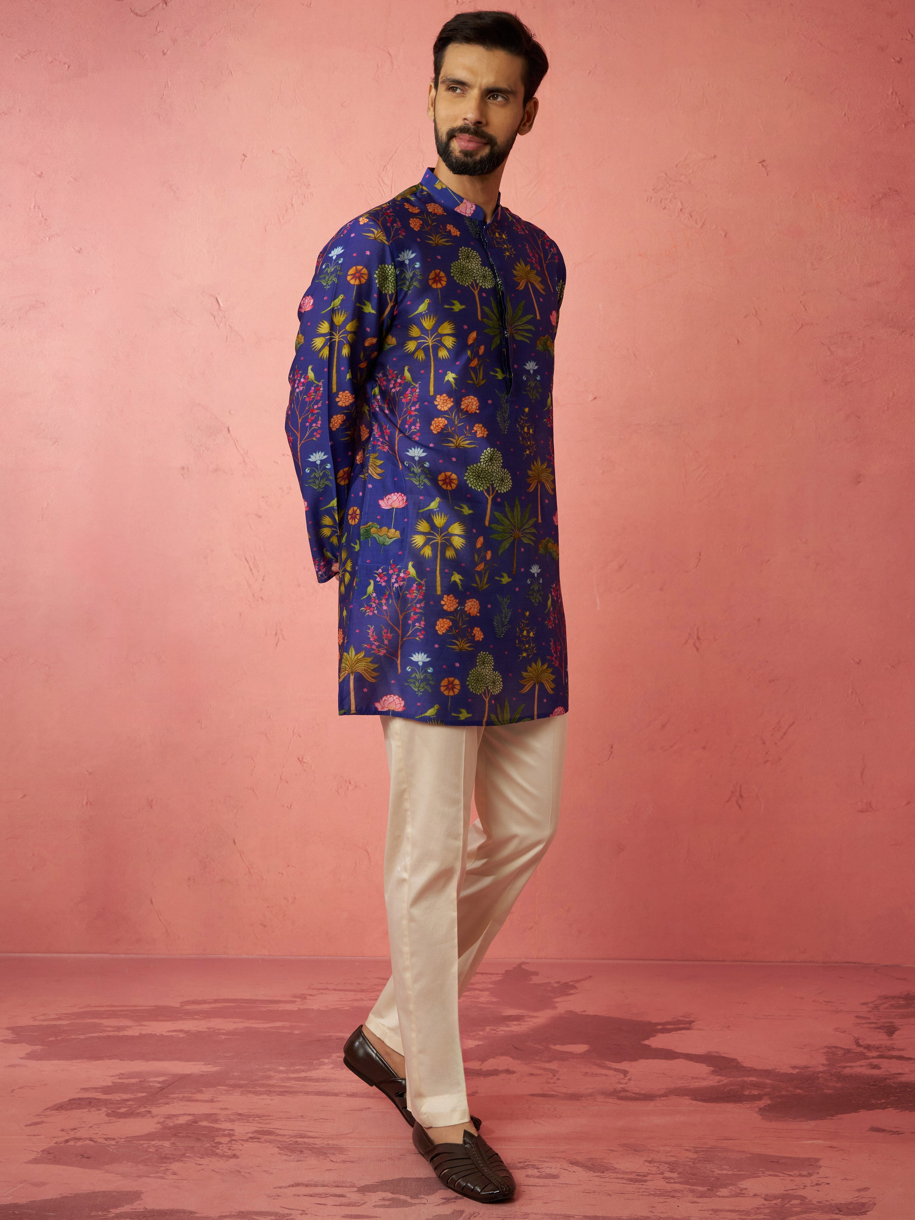 Men's Blue Digital Print Kurta with Cotton Lycra Pyjama Set