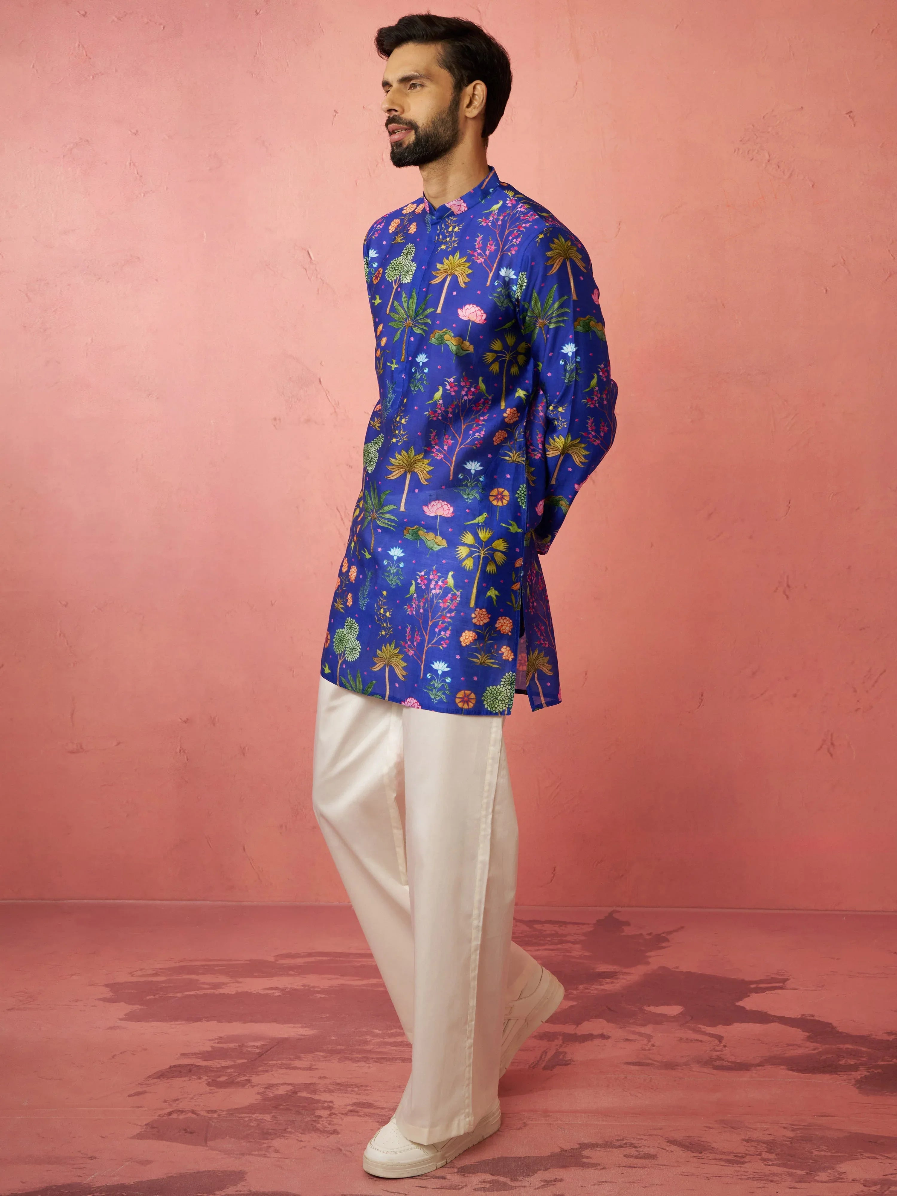 Men's Blue Digital Print Kurta with Cream Satin Wide Leg