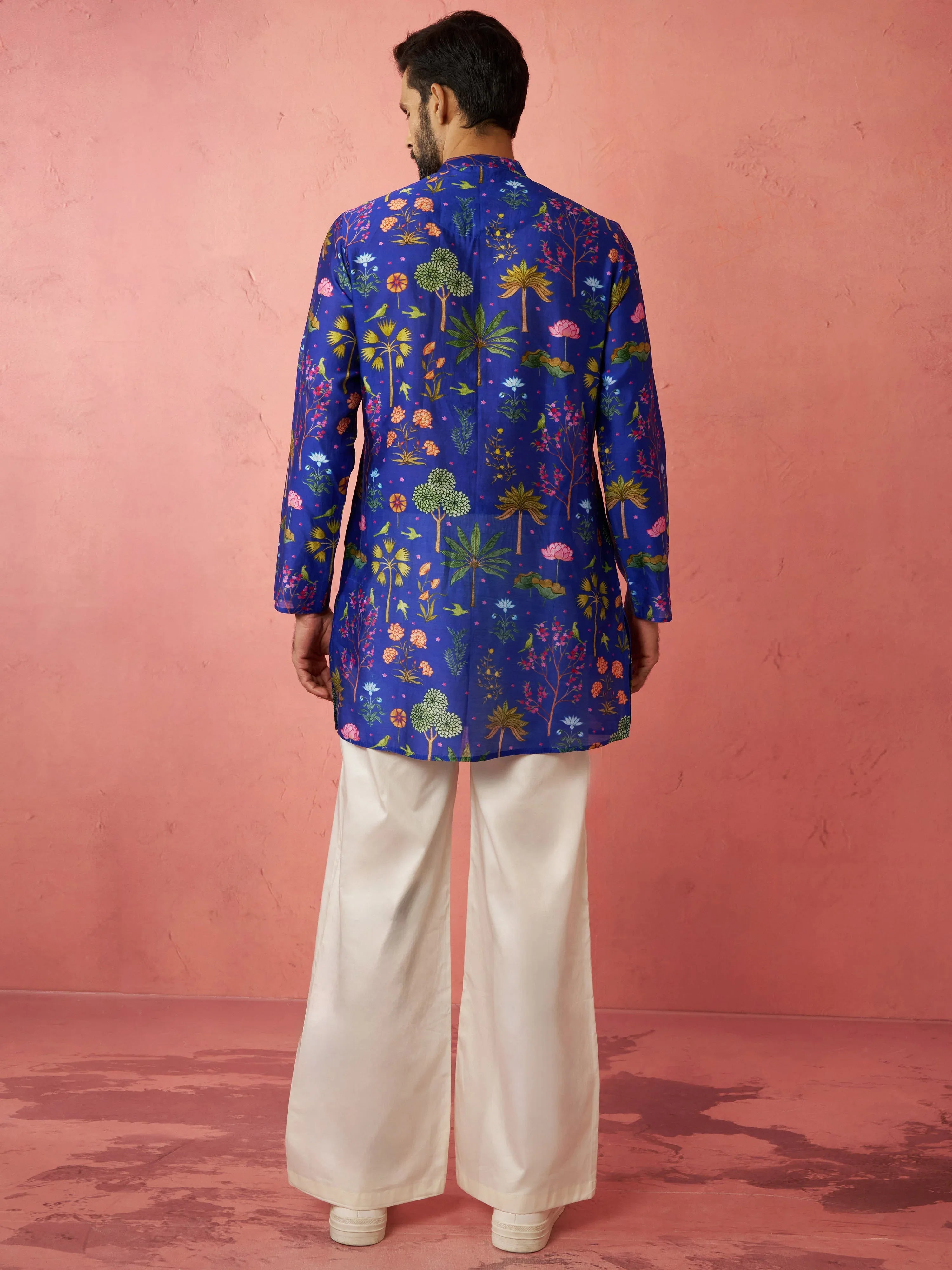 Men's Blue Digital Print Kurta with Cream Satin Wide Leg