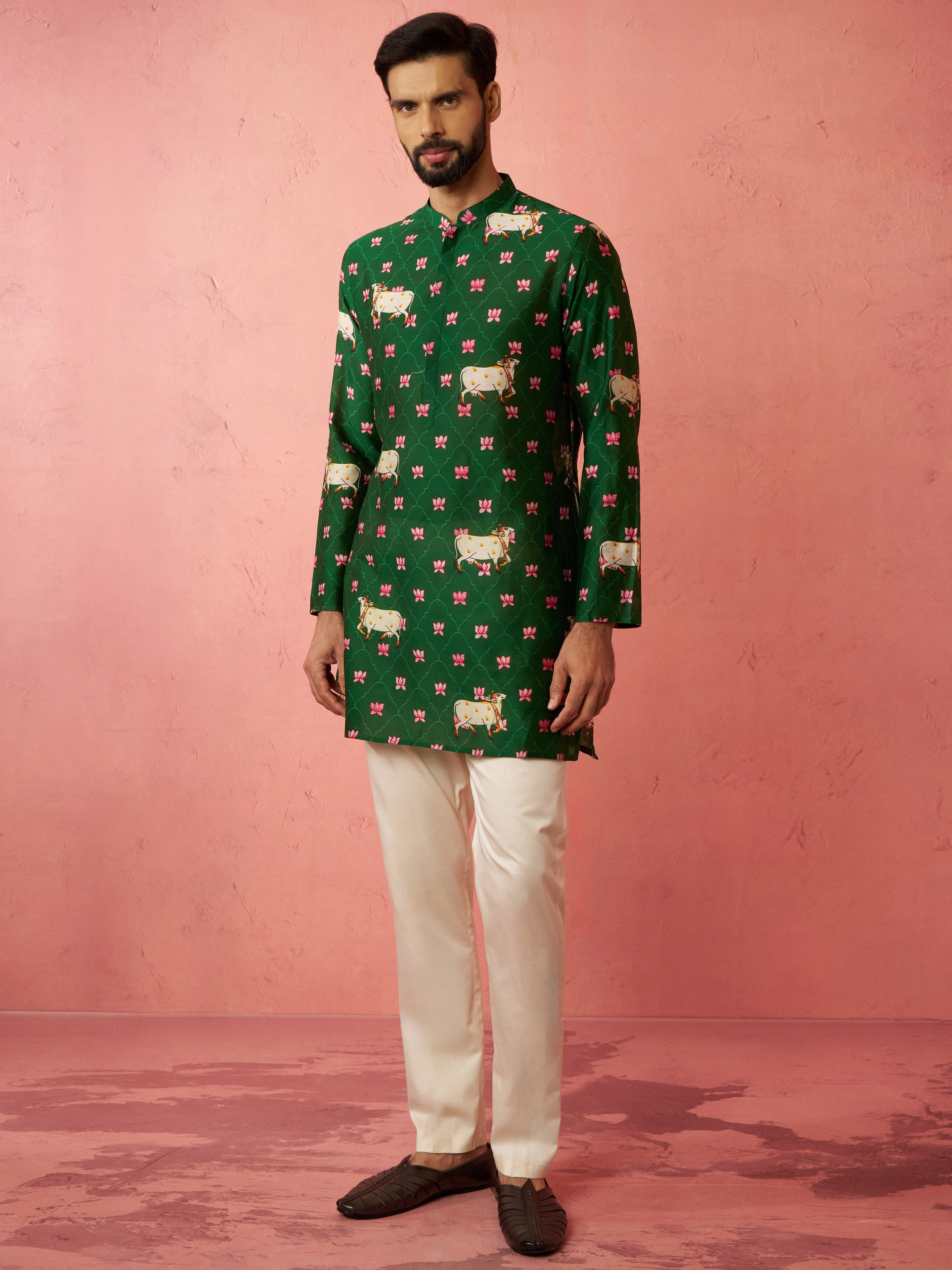 Men's Green Digital Print Kurta with Cotton Pyjama