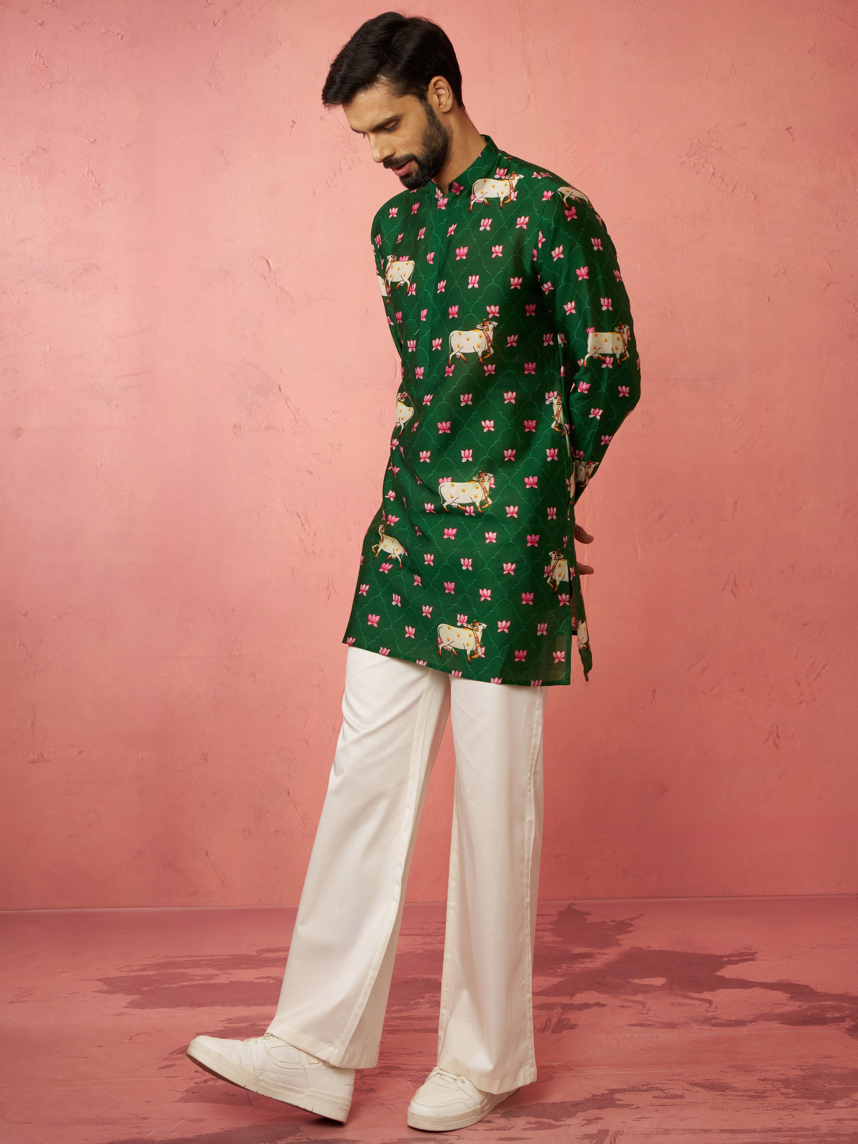 Men's Green Digital Print Kurta with Cream Satin Palazzo