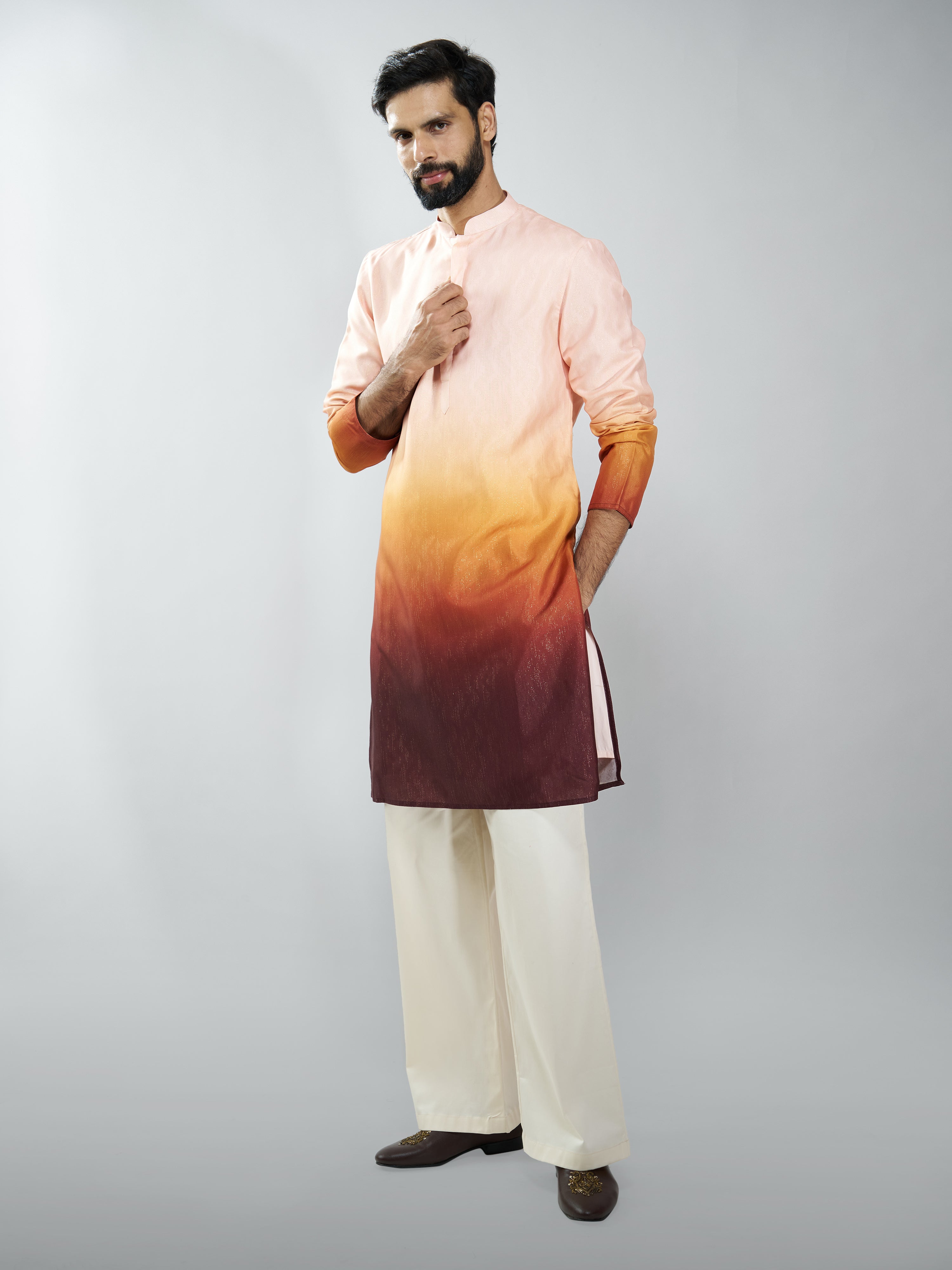 Men Brown Silk Blend Ombre Printed Long Kurta