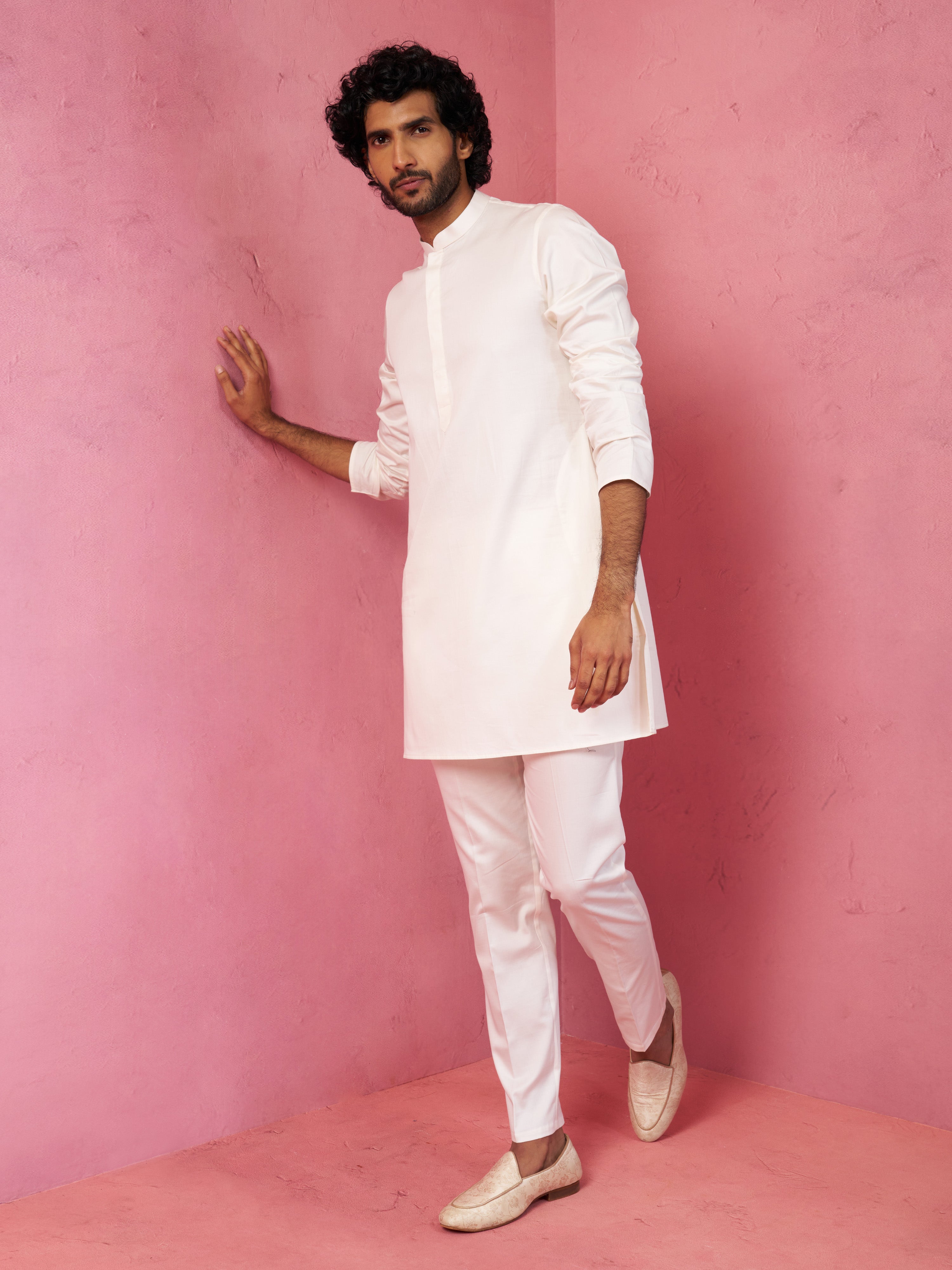 Men's Cream Fine Satin Kurta Set with Matching Pant